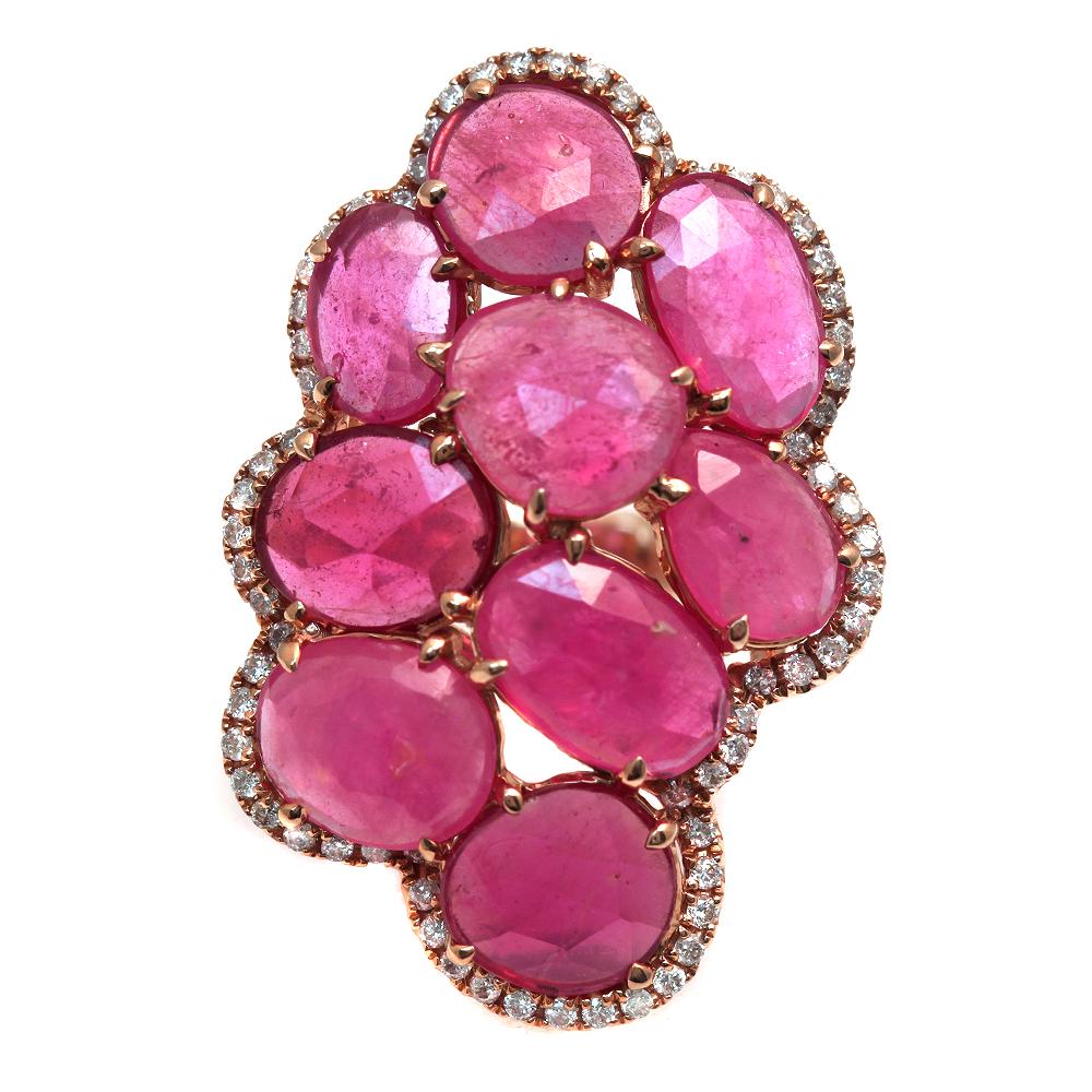 Fancy Rose Cut Multi Pink Sapphires and Diamonds 14 Karat Rose Gold Seven Ring In Excellent Condition In Los Angeles, CA