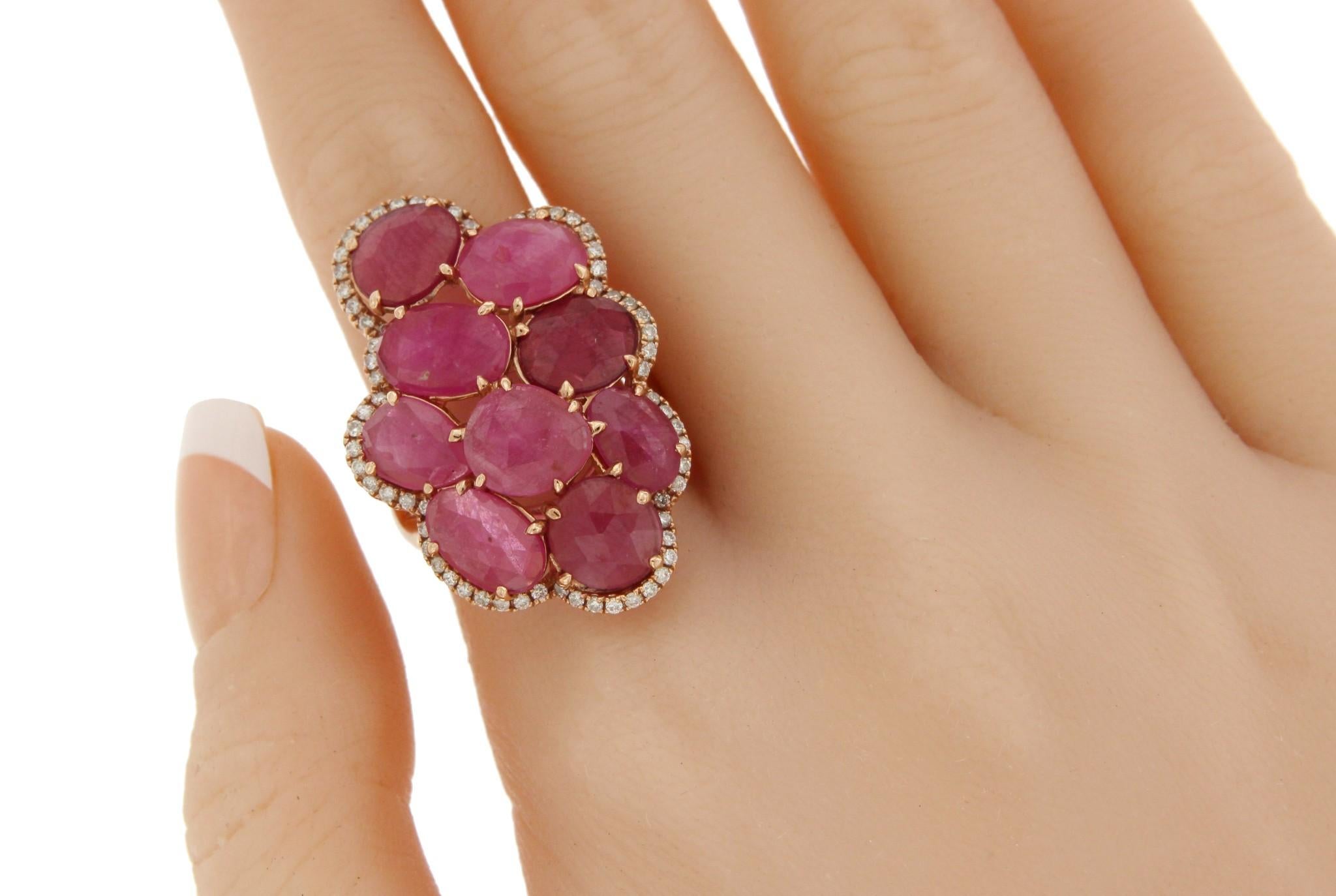 Fancy Rose Cut Multi Pink Sapphires and Diamonds 14 Karat Rose Gold Seven Ring 1