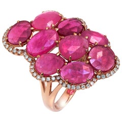Fancy Rose Cut Multi Pink Sapphires and Diamonds 14 Karat Rose Gold Seven Ring