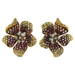 Fancy Sapphire and Diamond Flower Stud Earring in 18 Karat Yellow Gold