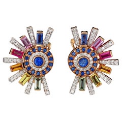 Pendientes de zafiro fantasía baguette y diamante en oro de 18 quilates