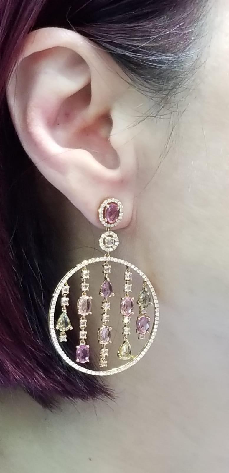 Mixed Cut Fancy Sapphire Diamonds Chandelier Earrings in 18 Karat Rose Gold