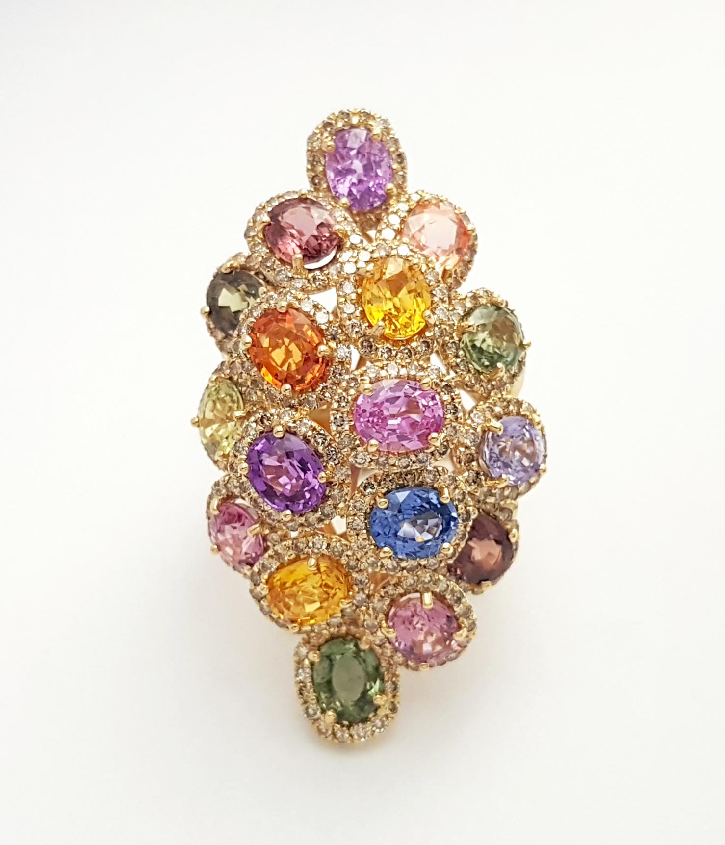 Ausgefallener Saphir mit braunem Diamantring in 18K Goldfassung im Angebot 6