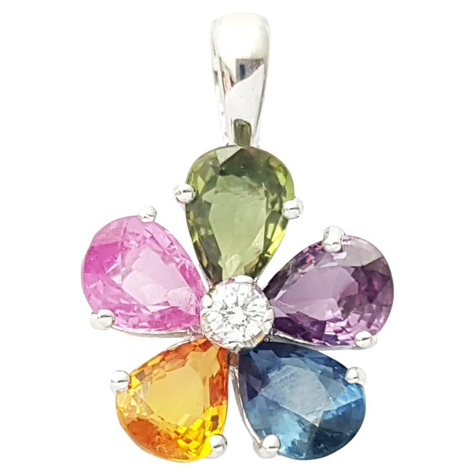 Fancy Sapphire with Diamond Flower Pendant set in 18K White Gold Settings