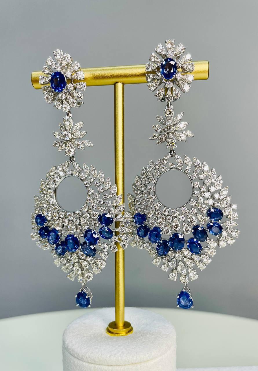 Mixed Cut Fancy Shape Blue Sapphire White Diamond 18 Karat White Gold Statement Earrings For Sale