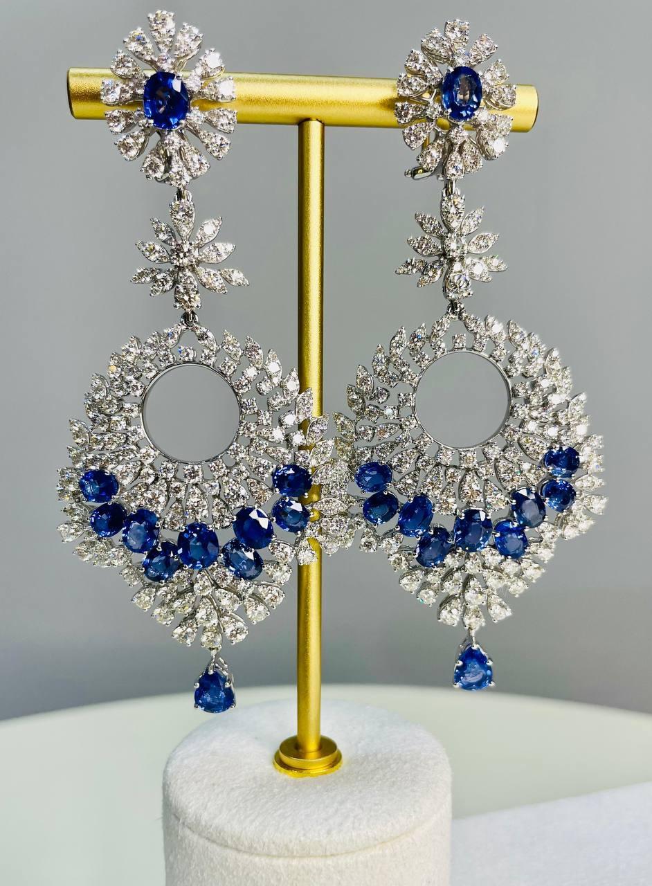 Fancy Shape Blue Sapphire White Diamond 18 Karat White Gold Statement Earrings In New Condition For Sale In Oakton, VA