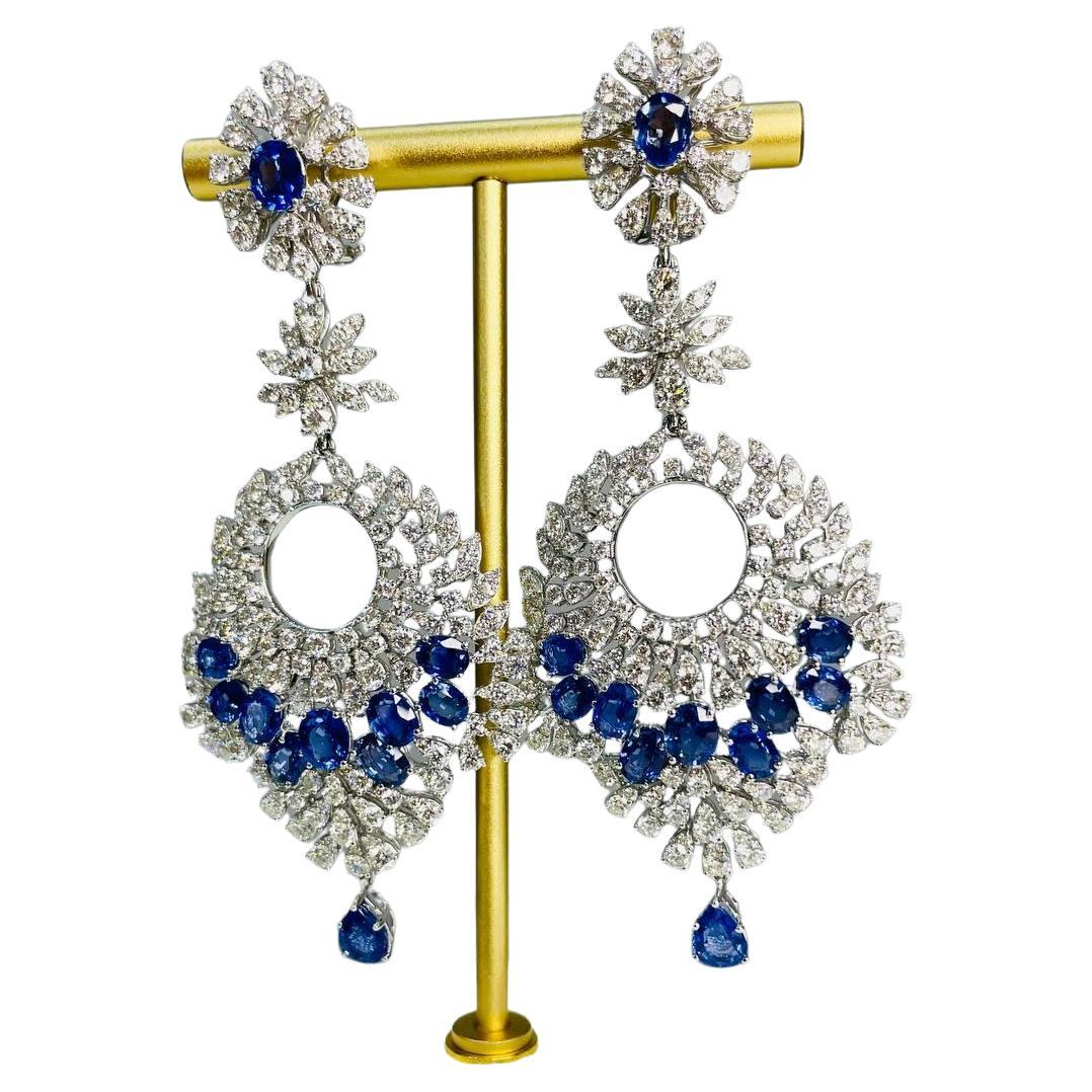Fancy Shape Blue Sapphire White Diamond 18 Karat White Gold Statement Earrings For Sale