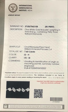 7.25 Carat Fancy Shape Diamond Bracelet 14KT White Gold