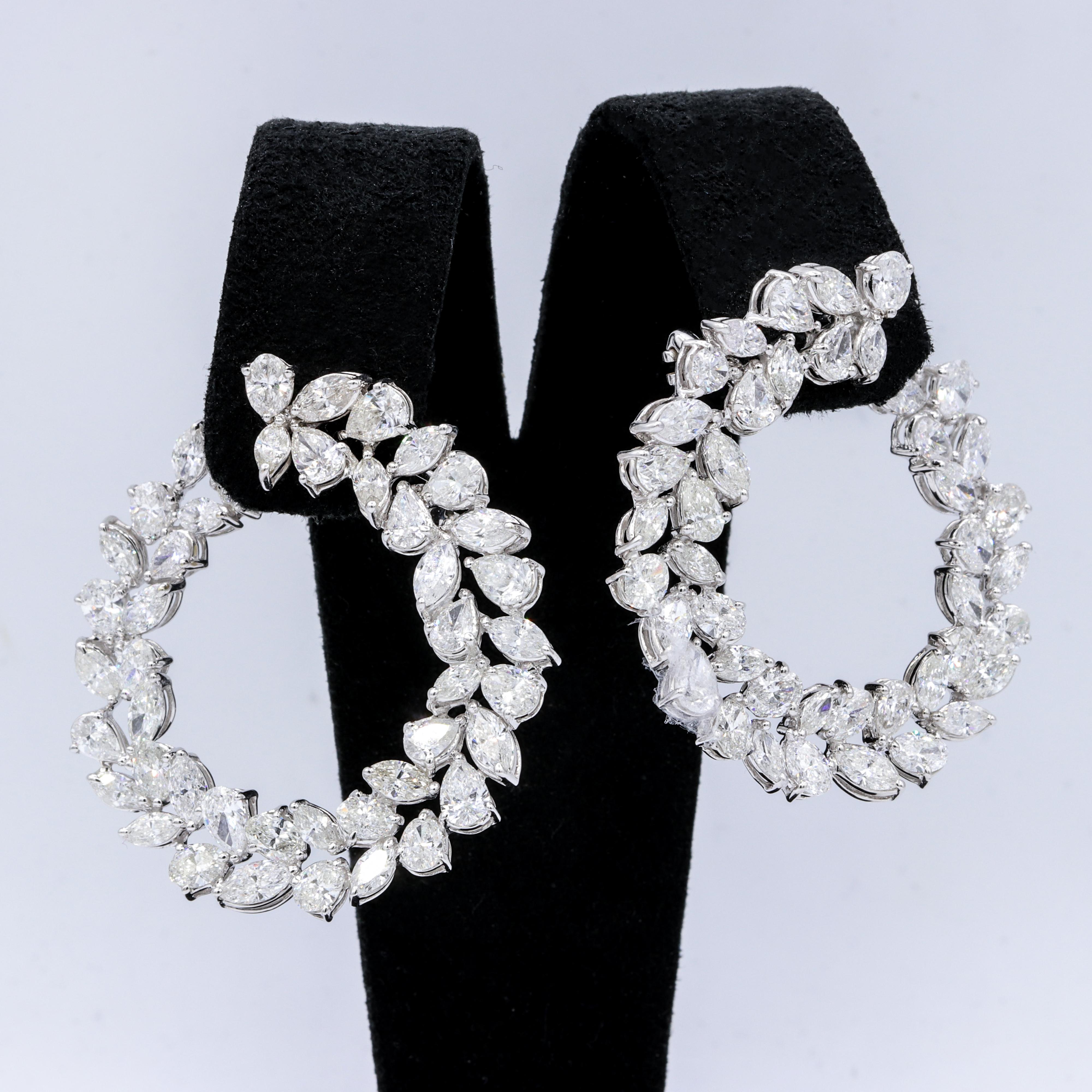 18K White Gold Fancy Shape Diamond Earrings, features 12.90 ct of high quality marquise and pear cut diamonds.