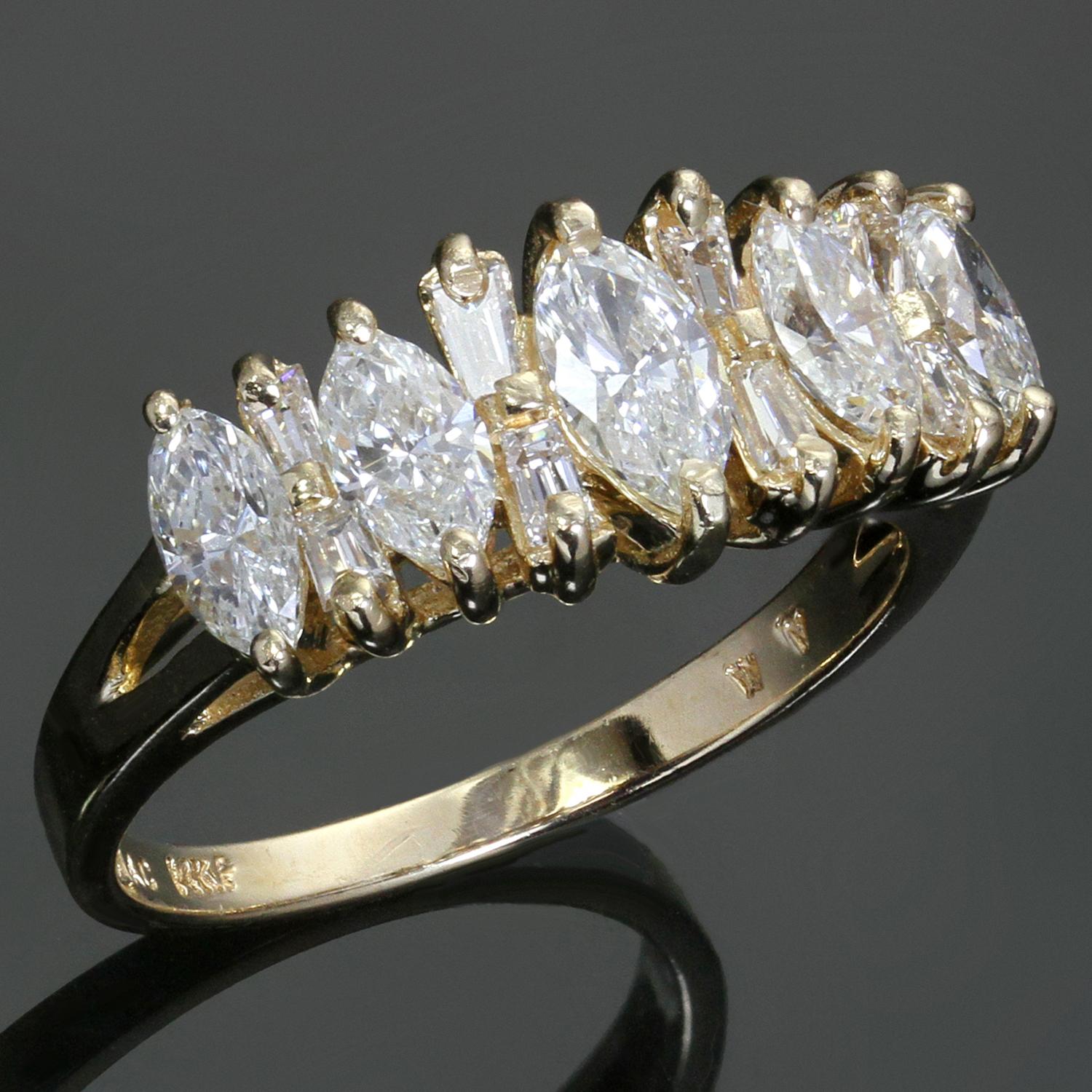 This gorgeous estate women's ring is crafted in 14k yellow gold and set with fancy-cut G-H VS1-VS2 diamonds weighing an estimated 1.58 carats. Made in United States circa 1980s. Measurements: 0.31