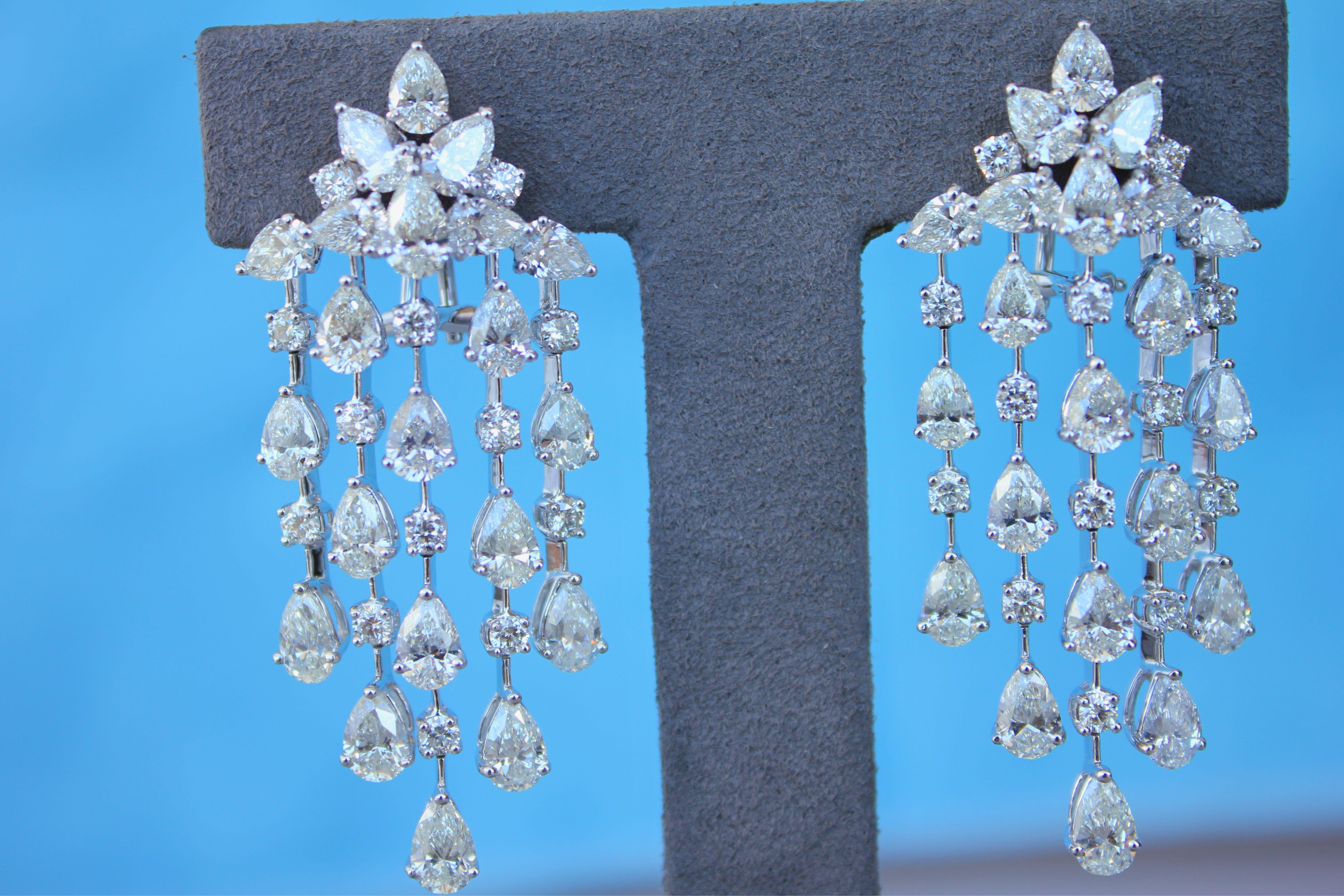 Fancy Shape Pear Round Brilliant Cut Chandelier 18K White Gold Drop Earrings For Sale 6