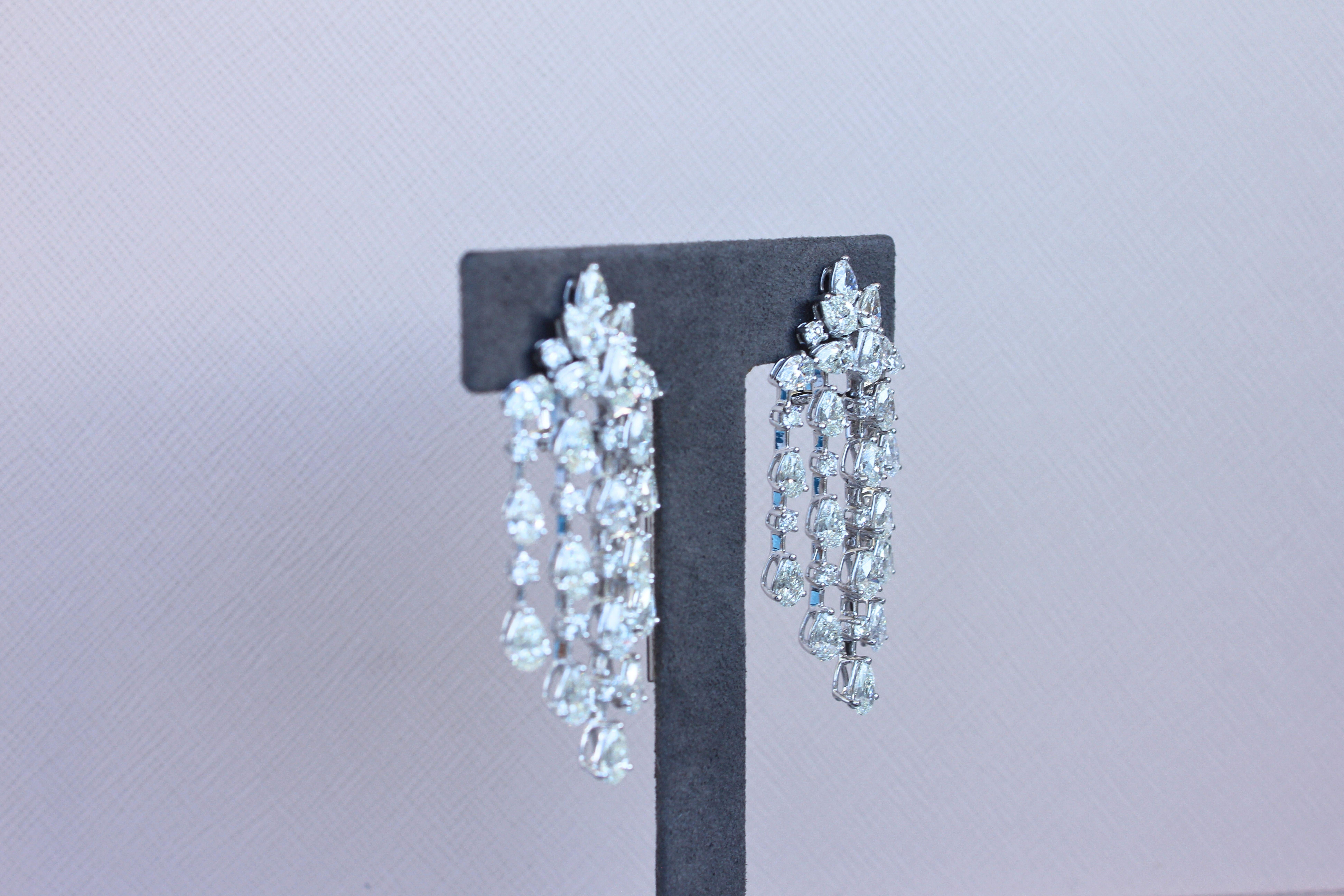Fancy Shape Pear Round Brilliant Cut Chandelier 18K White Gold Drop Earrings For Sale 2