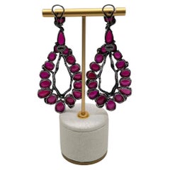 Fancy Shape Red Ruby Cabochons White Diamonds 18 Karat White Black Gold Earrings