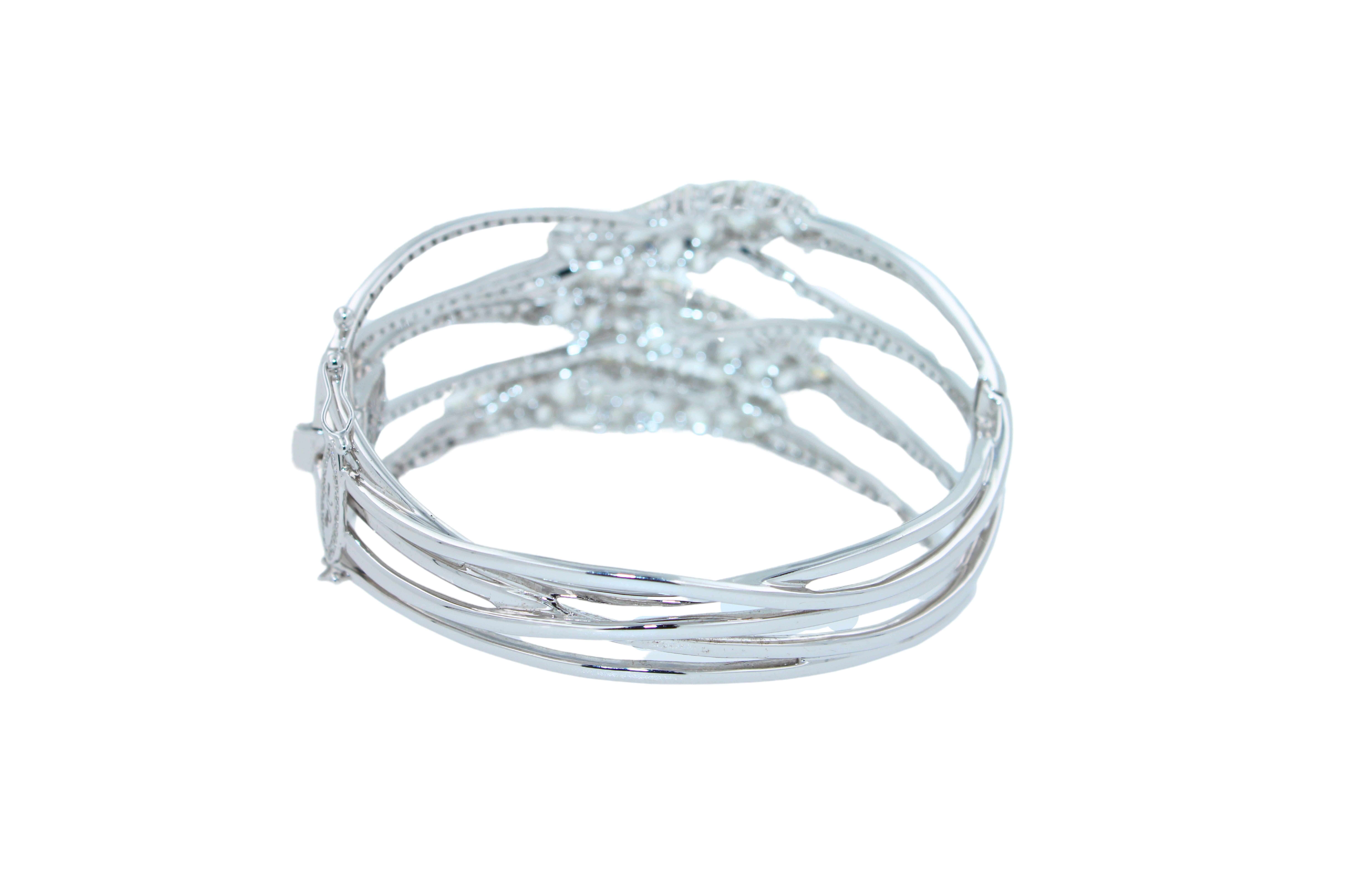 Fancy Shape Rose Cut Diamond Unique Statement Lux 18K White Gold Bangle Bracelet For Sale 4