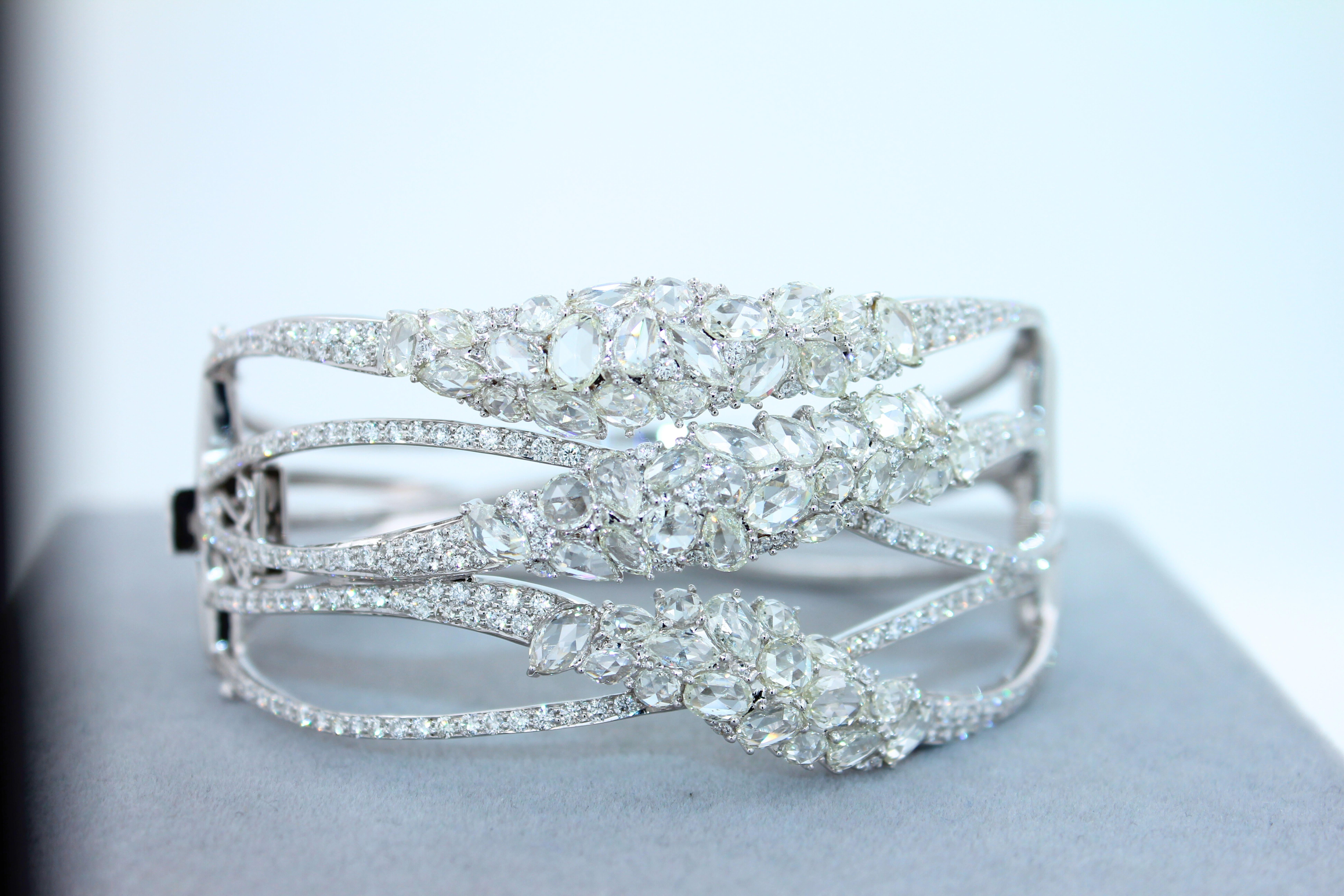Fancy Shape Rose Cut Diamond Unique Statement Lux 18K White Gold Bangle Bracelet For Sale 7