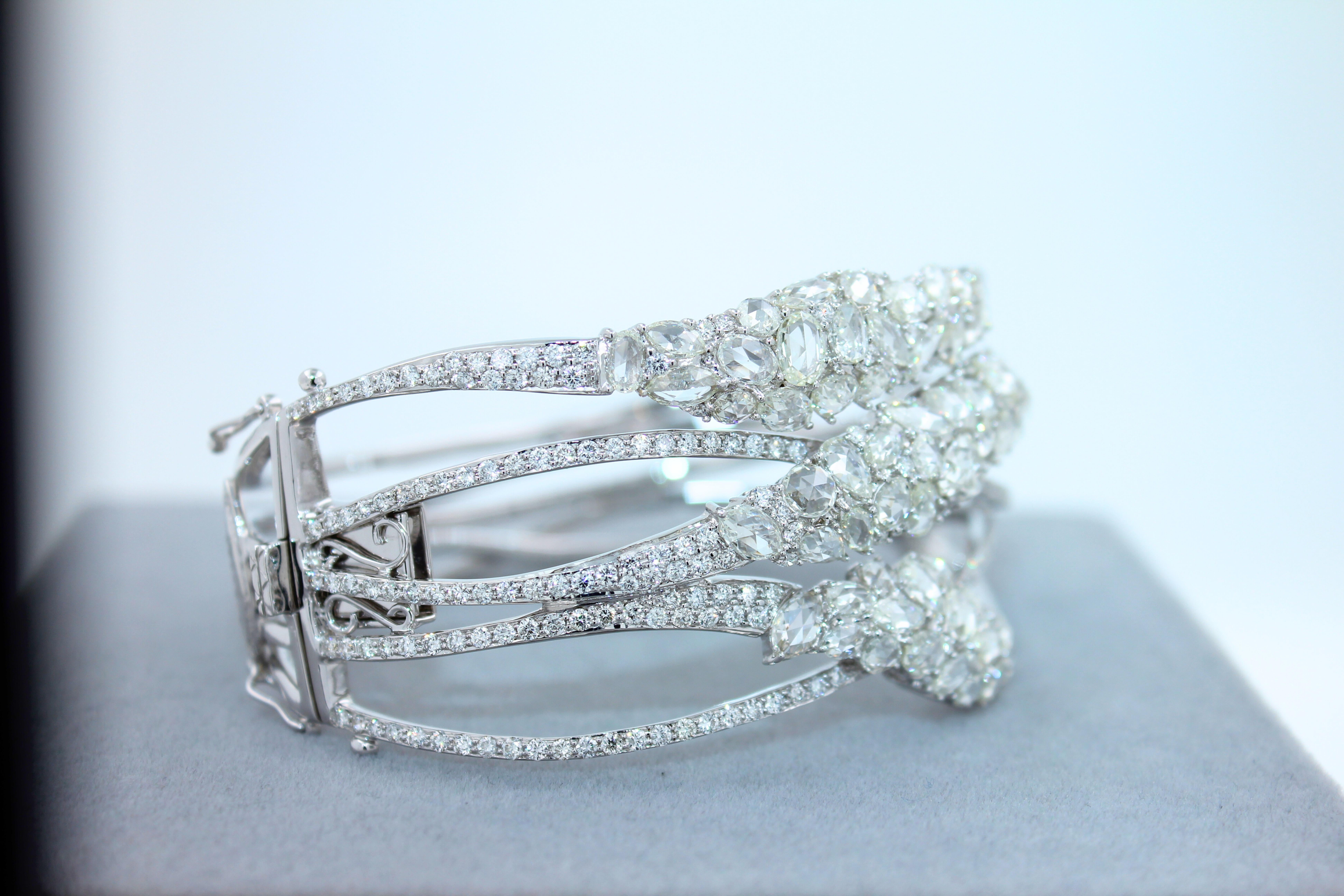 Fancy Shape Rose Cut Diamond Unique Statement Lux 18K White Gold Bangle Bracelet For Sale 8