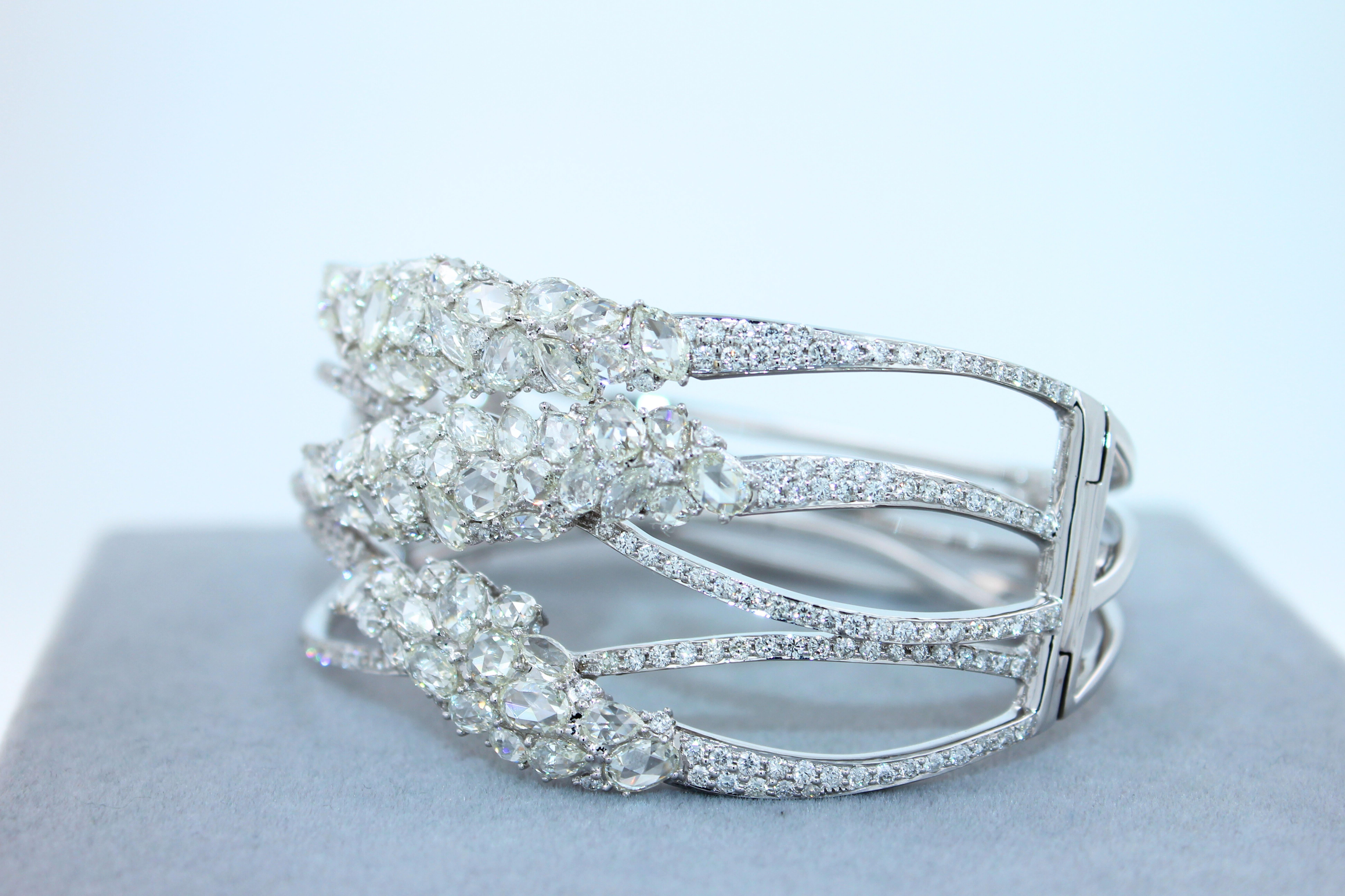 Fancy Shape Rose Cut Diamond Unique Statement Lux 18K White Gold Bangle Bracelet For Sale 11