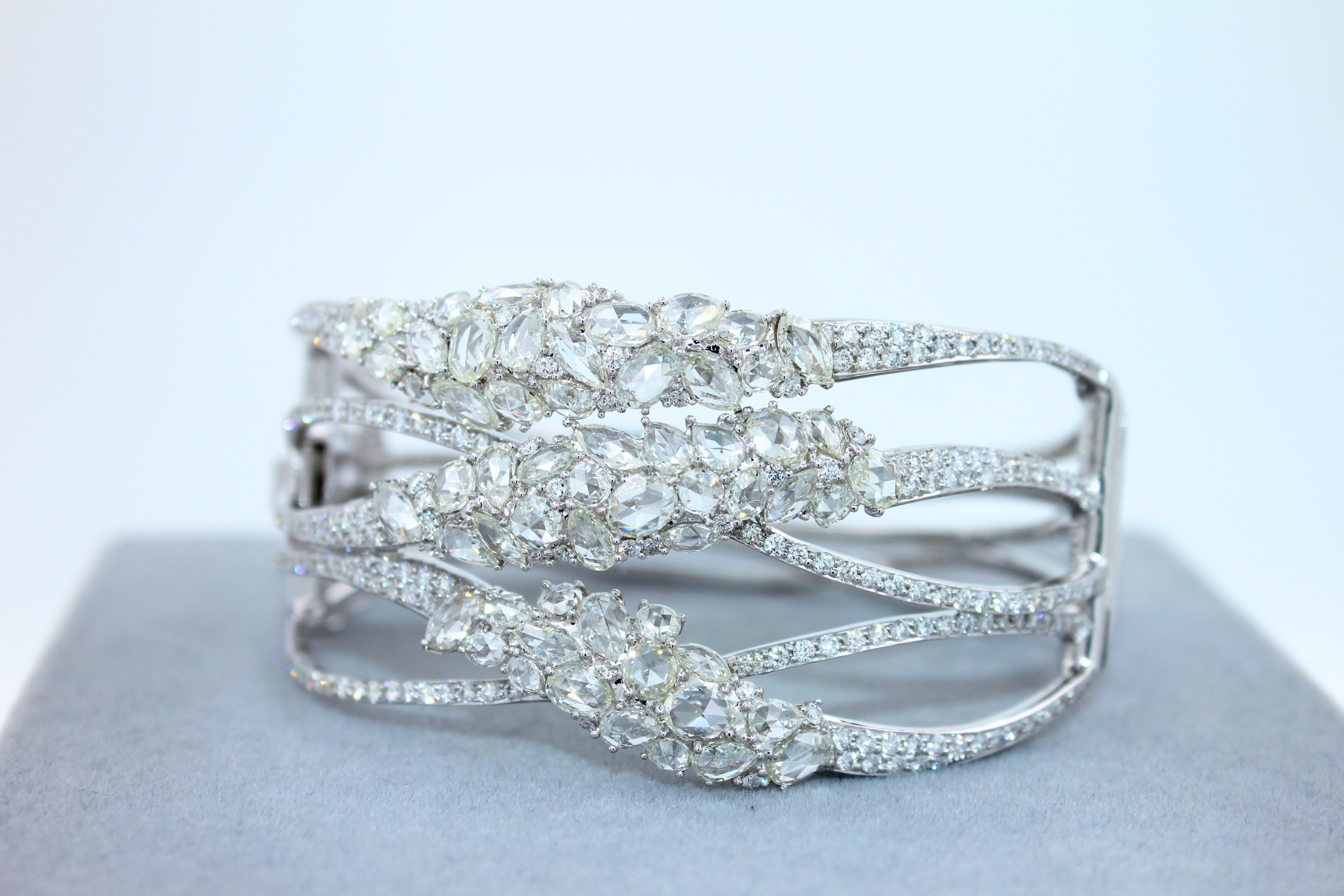 Fancy Shape Rose Cut Diamond Unique Statement Lux 18K White Gold Bangle Bracelet For Sale 12