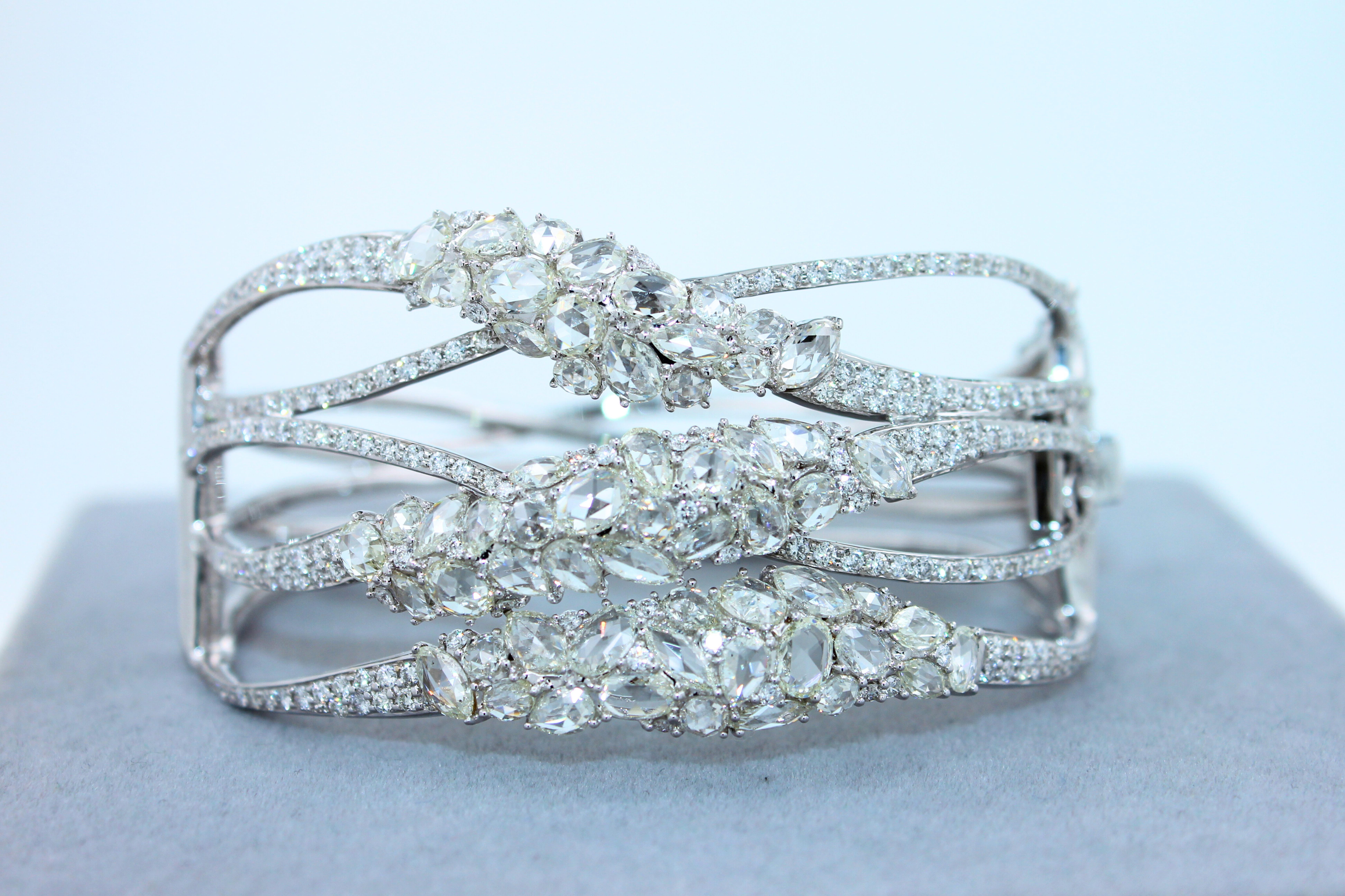 Fancy Shape Rose Cut Diamond Unique Statement Lux 18K White Gold Bangle Bracelet For Sale 13