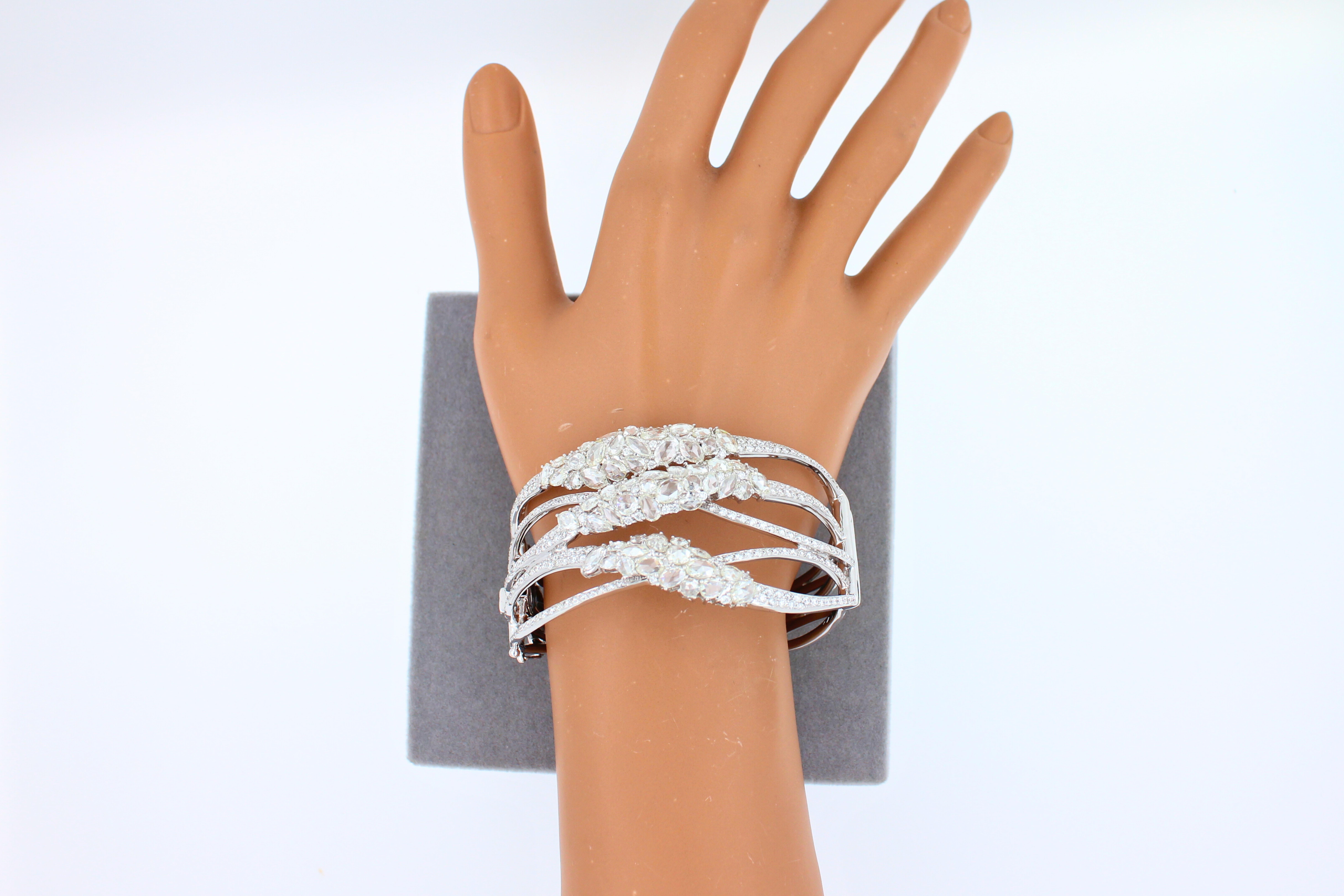 Fancy Shape Rose Cut Diamond Unique Statement Lux 18K White Gold Bangle Bracelet For Sale 14