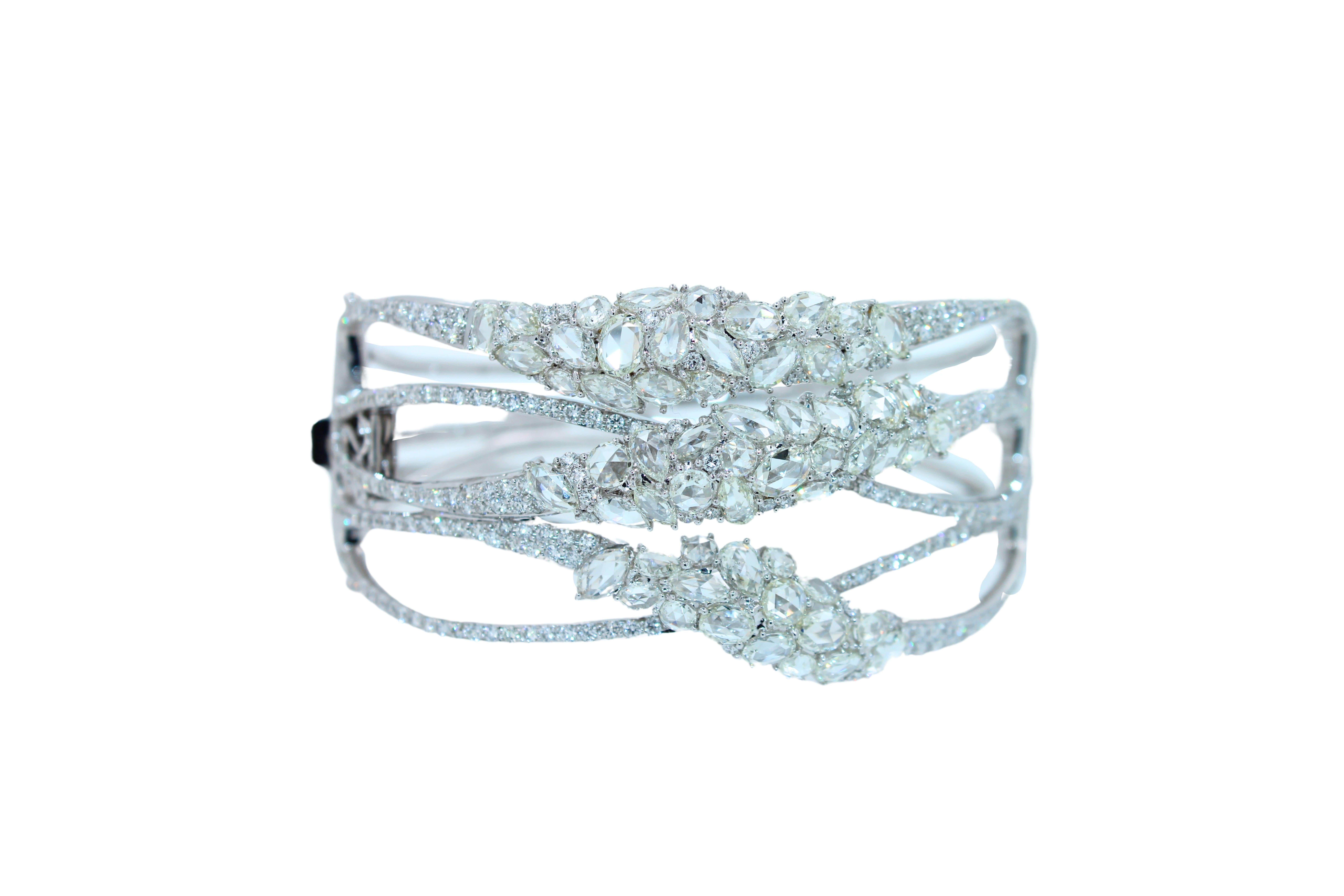 Modern Fancy Shape Rose Cut Diamond Unique Statement Lux 18K White Gold Bangle Bracelet For Sale