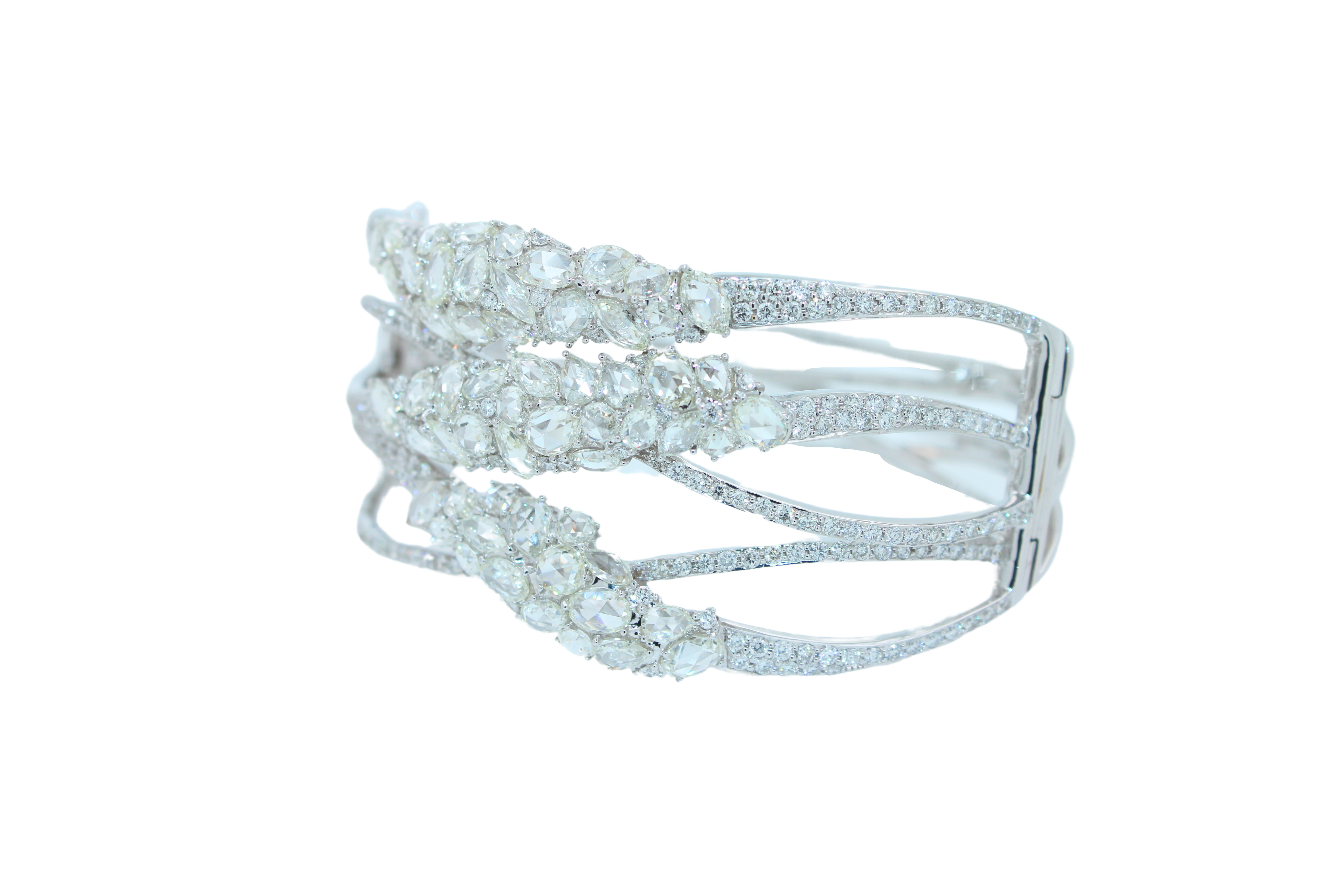 Mixed Cut Fancy Shape Rose Cut Diamond Unique Statement Lux 18K White Gold Bangle Bracelet For Sale