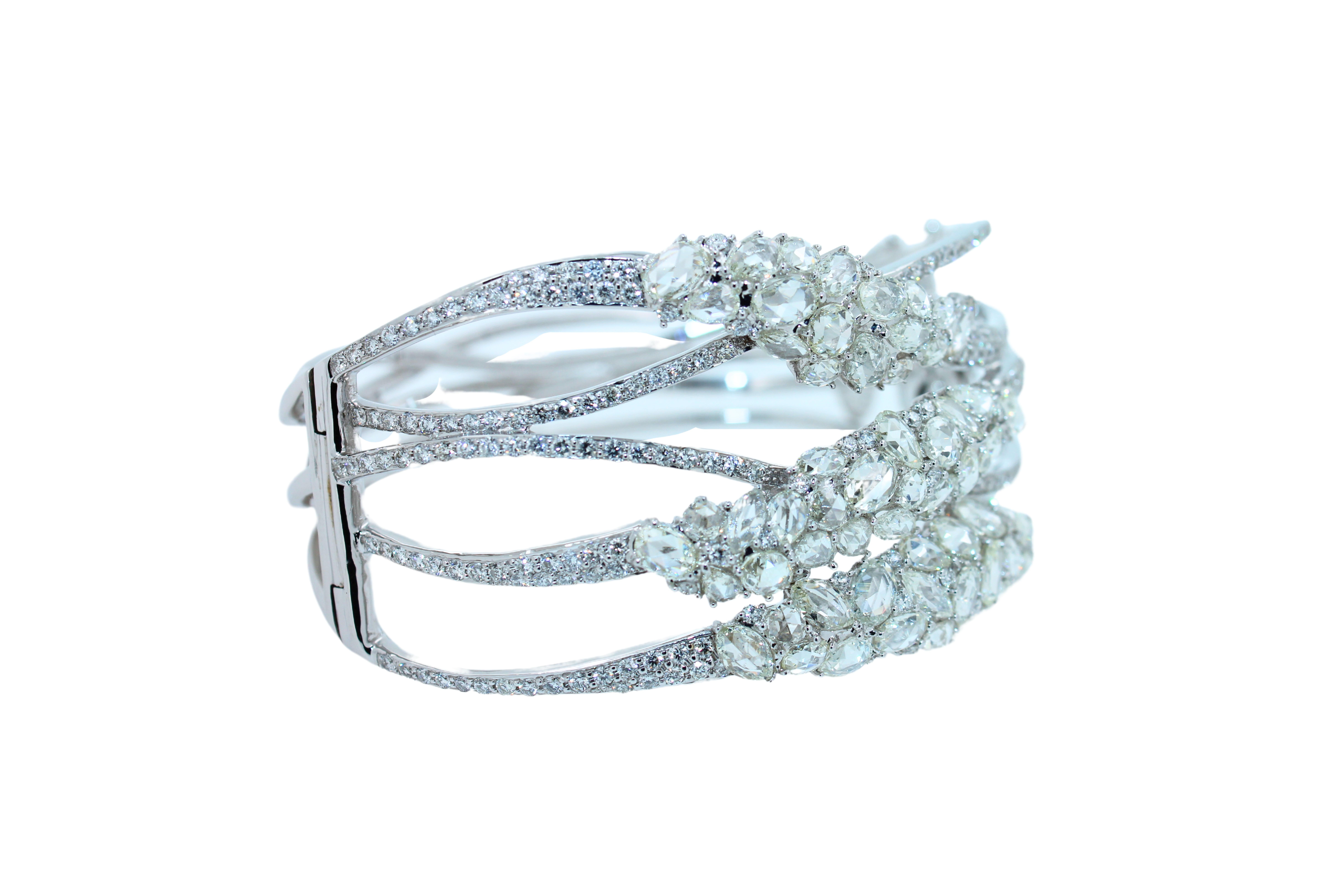 Fancy Shape Rose Cut Diamond Unique Statement Lux 18K White Gold Bangle Bracelet In New Condition For Sale In Fairfax, VA