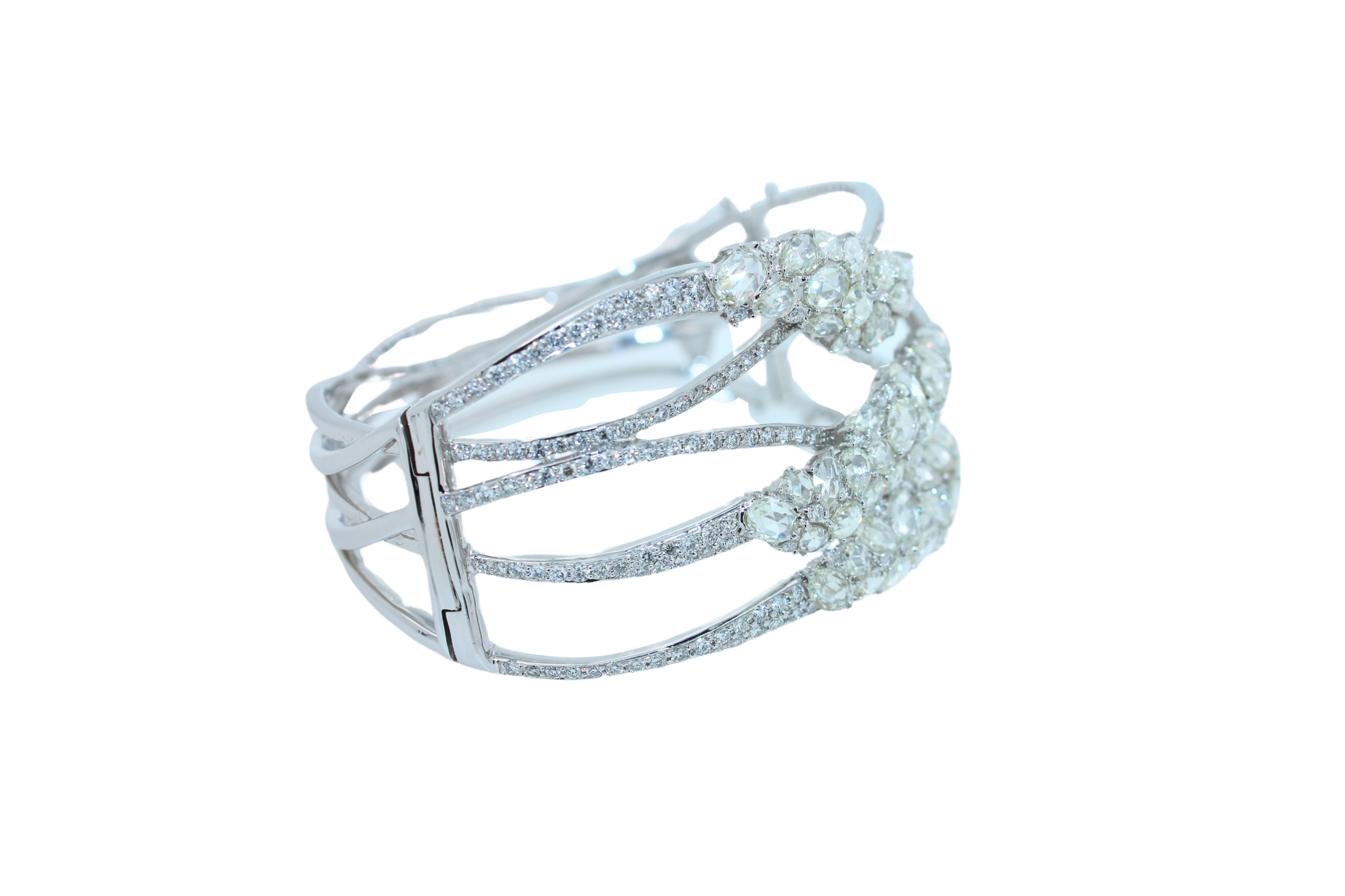 Women's Fancy Shape Rose Cut Diamond Unique Statement Lux 18K White Gold Bangle Bracelet For Sale