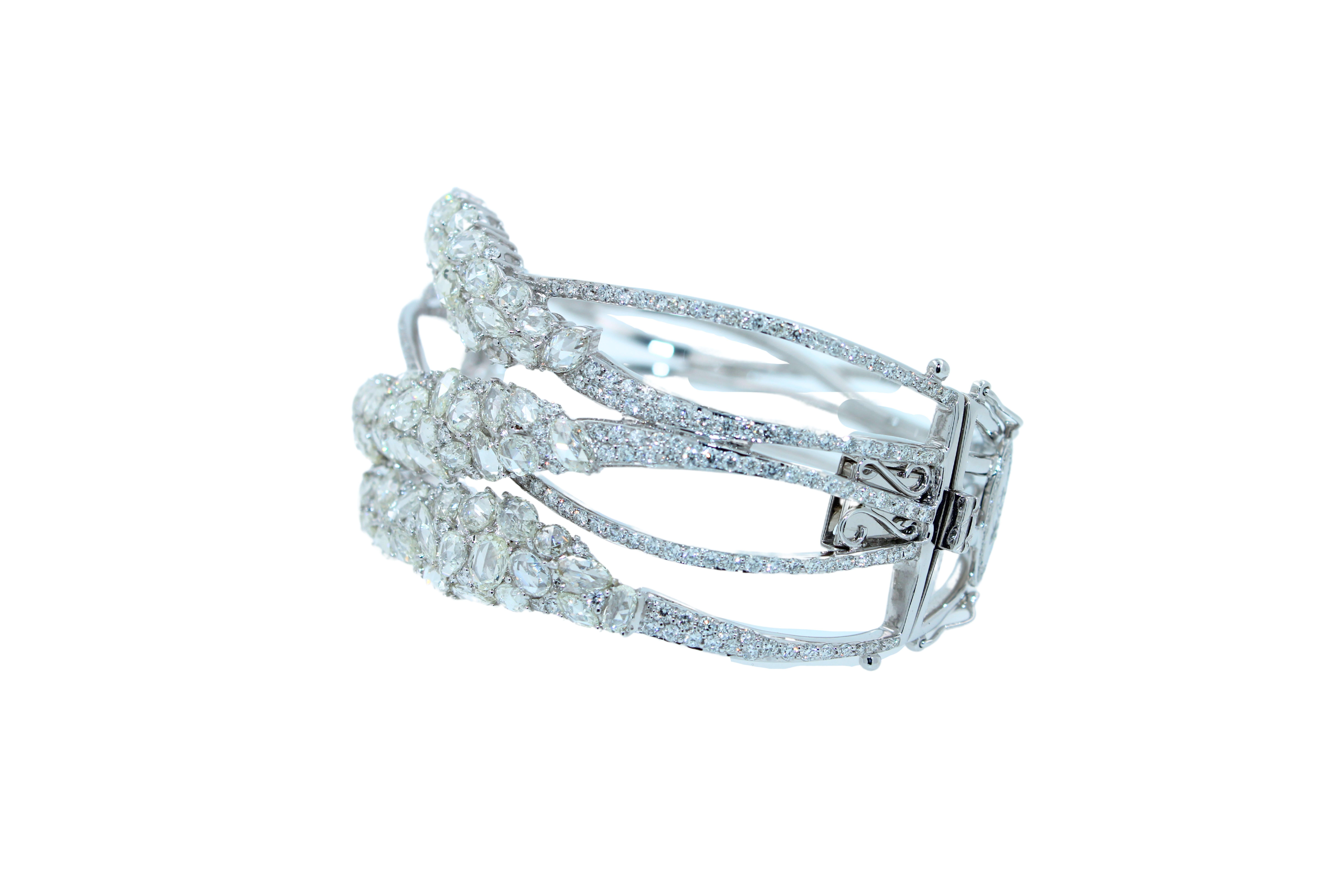 Fancy Shape Rose Cut Diamond Unique Statement Lux 18K White Gold Bangle Bracelet For Sale 1