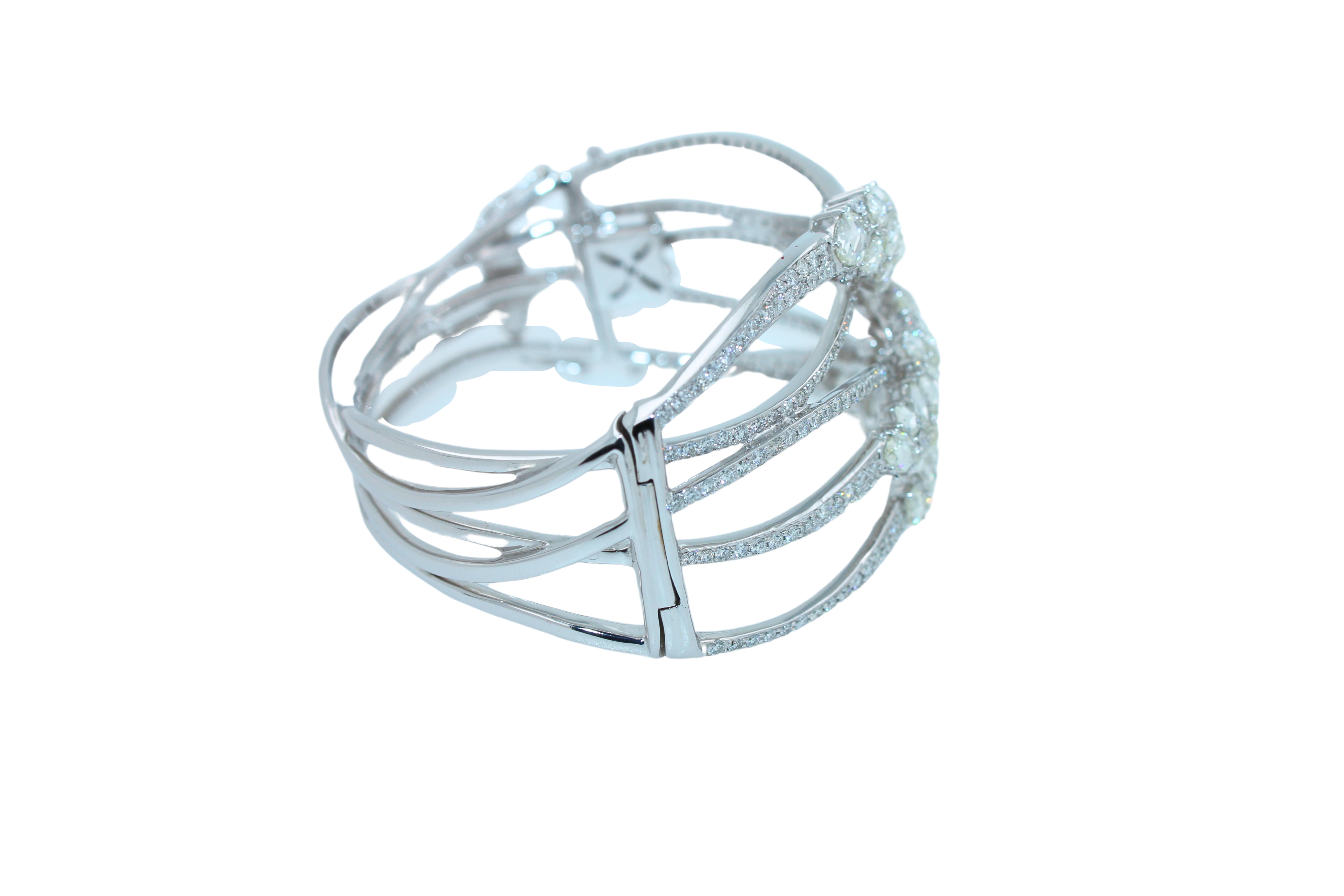 Fancy Shape Rose Cut Diamond Unique Statement Lux 18K White Gold Bangle Bracelet For Sale 2