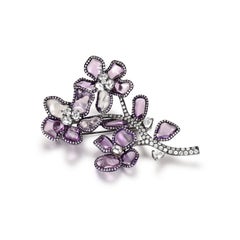 Vintage 28.21 ct Fancy Sapphire Diamond Flower Brooch in 18 Karat Rhodium Gold