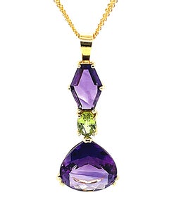10 Carat Amethyst Drop Necklace with Peridot in 18k Yellow Gold