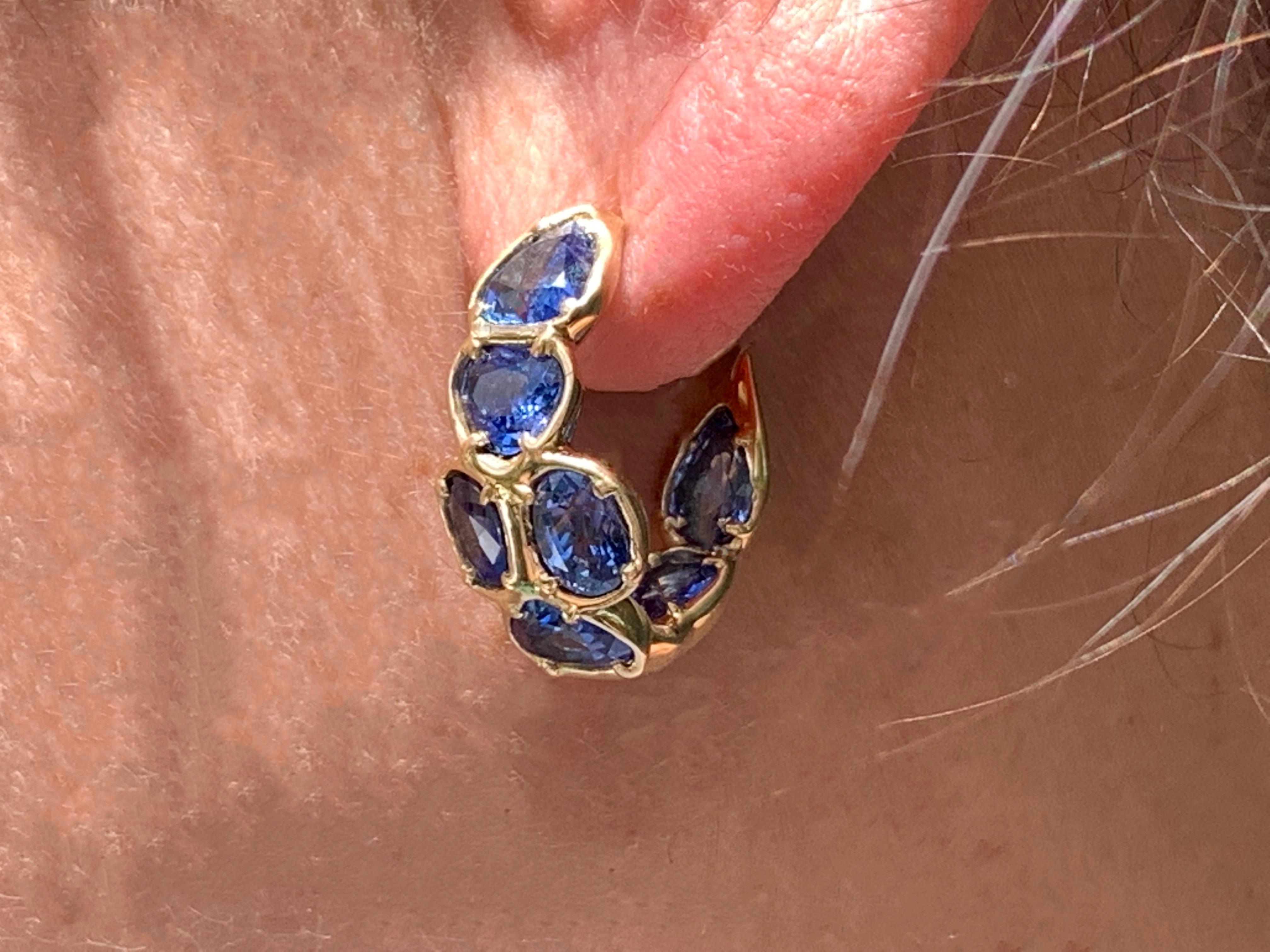 Fancy Shaped Blue Sapphire Ooak Hoop Earrings in 18kt Yellow Gold For Sale 1
