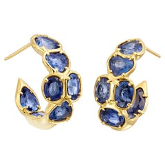 Fancy Shaped Blue Sapphire Ooak Hoop Earrings in 18kt Yellow Gold