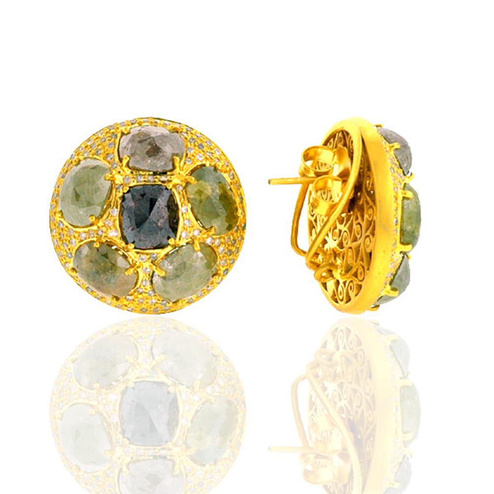 Art Deco Fancy Shaped Sliced Ice Diamonds Stud Earrings Made in 18k Yellow Gold For Sale