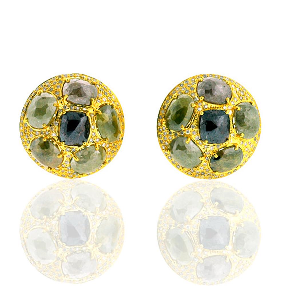 Round Cut Fancy Shaped Sliced Ice Diamonds Stud Earrings Made in 18k Yellow Gold For Sale