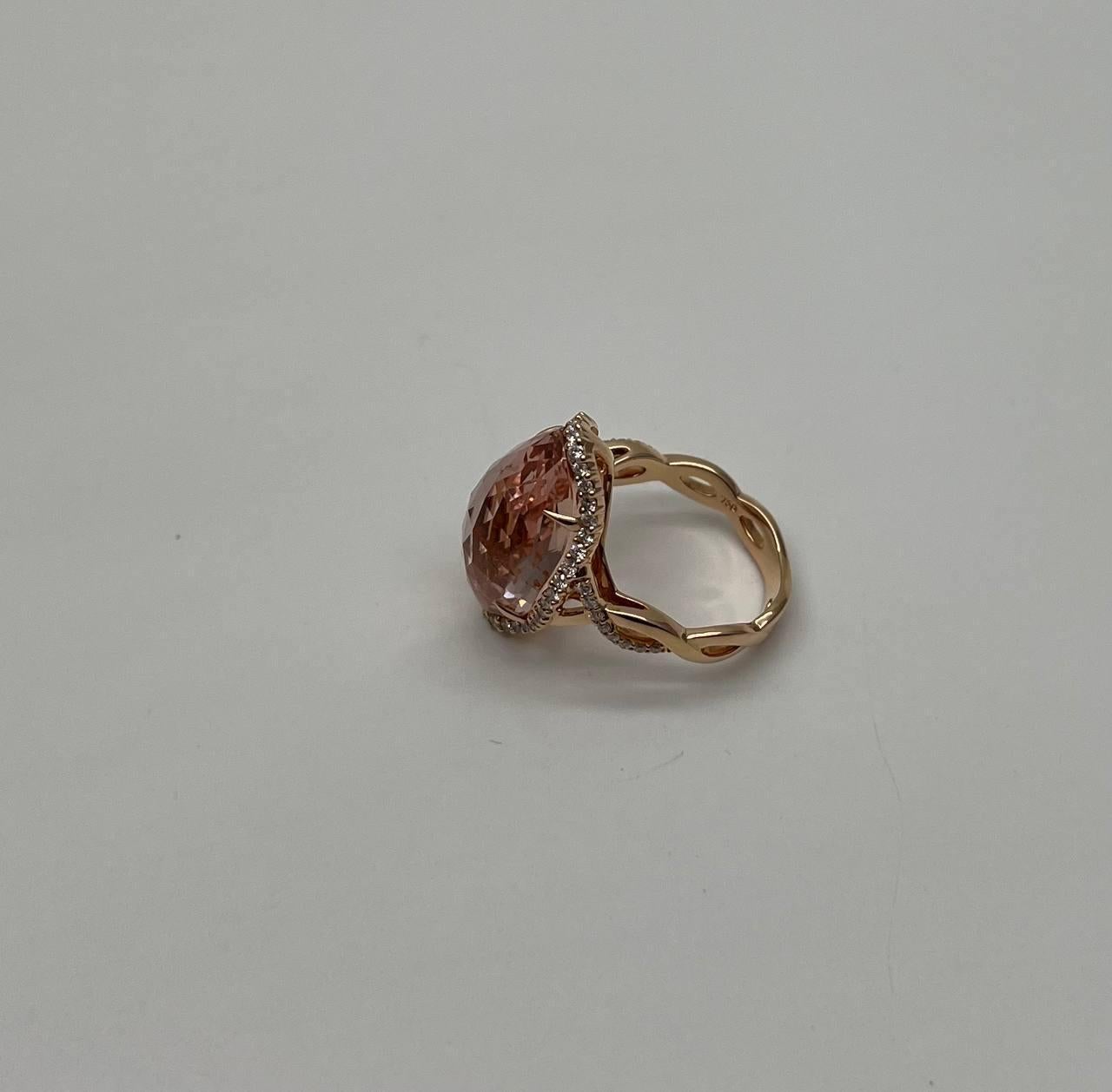 Contemporary Fancy Shield Kite Shape Peach Pink Morganite Diamonds Halo 18K Rose Gold Ring For Sale
