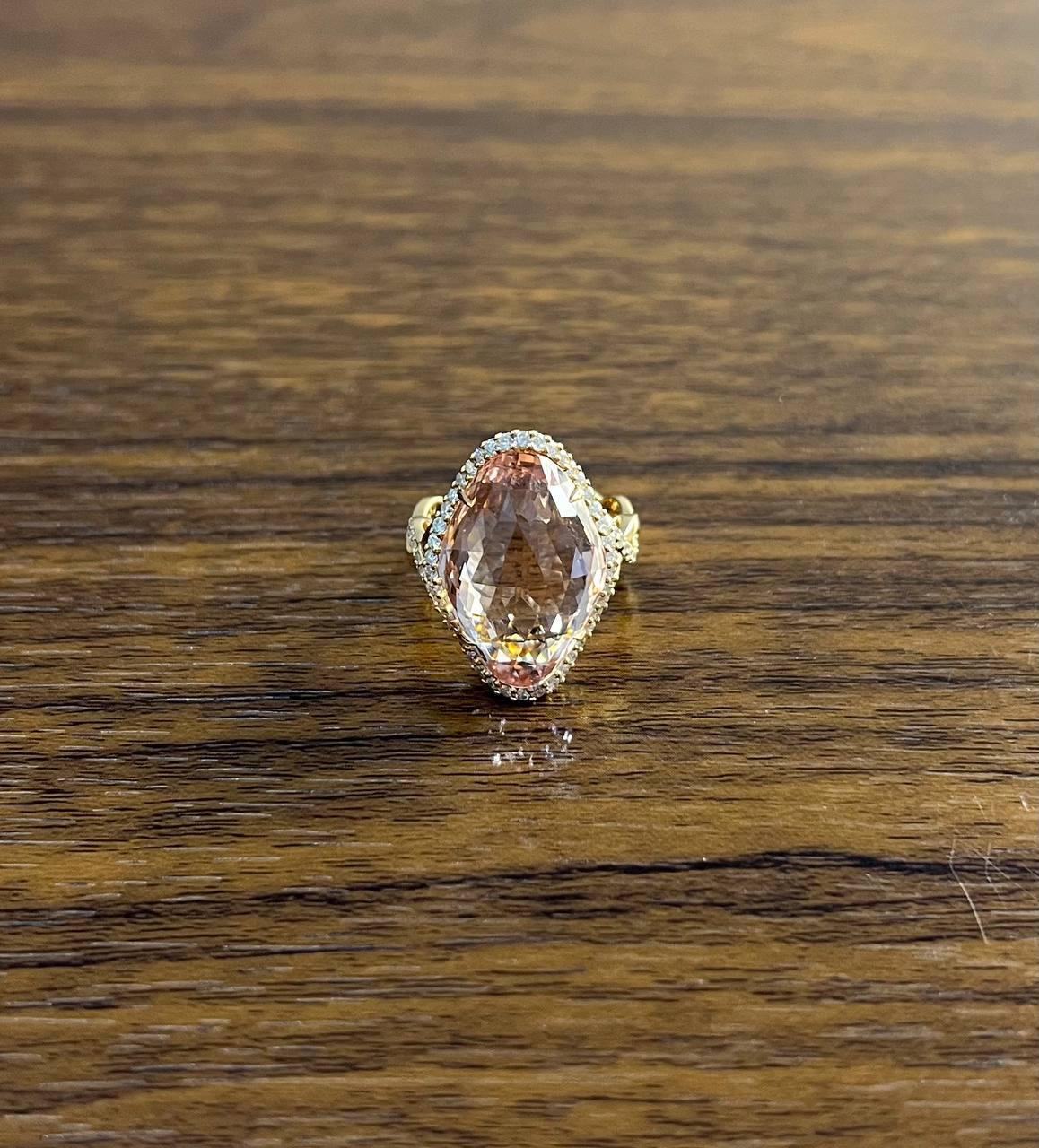 Shield Cut Fancy Shield Kite Shape Peach Pink Morganite Diamonds Halo 18K Rose Gold Ring For Sale