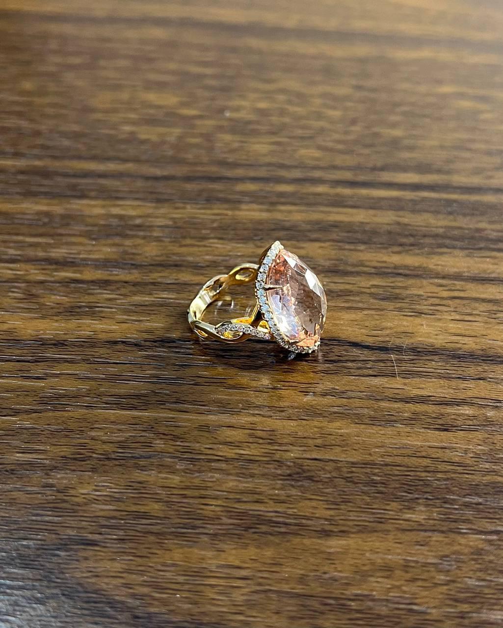 Women's Fancy Shield Kite Shape Peach Pink Morganite Diamonds Halo 18K Rose Gold Ring For Sale