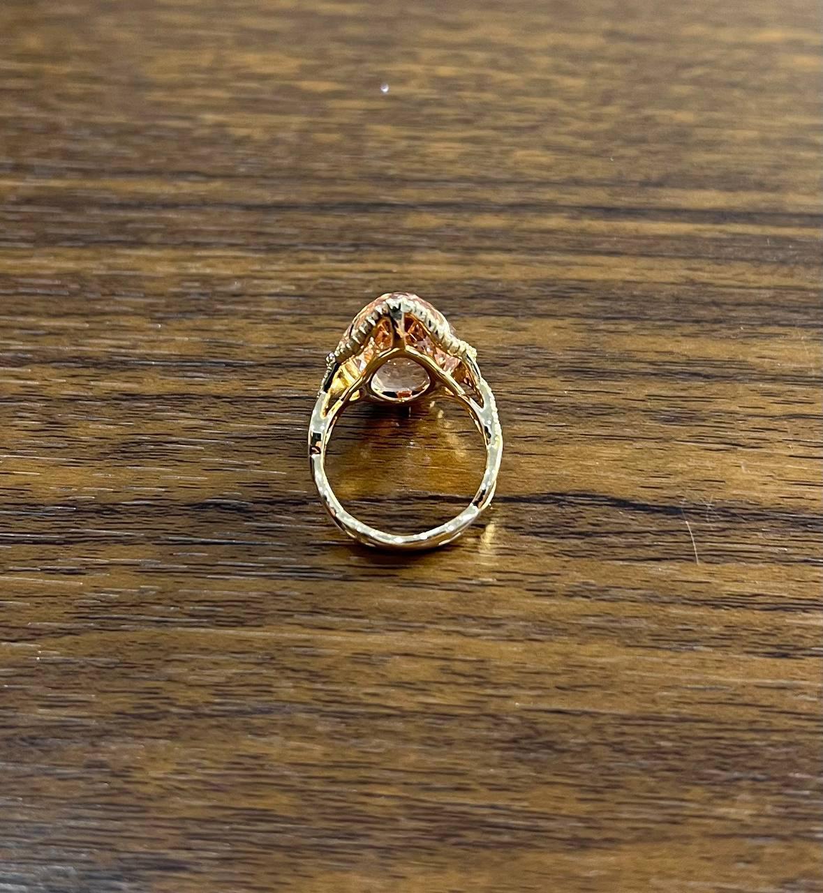 Fancy Shield Kite Shape Peach Pink Morganite Diamonds Halo 18K Rose Gold Ring For Sale 1