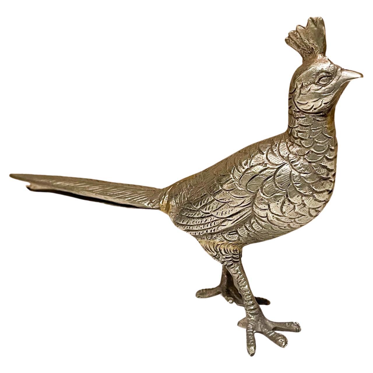 1960s Fancy Silver Bird Sculpture Italian Regal Male Pheasant Figurine Italy