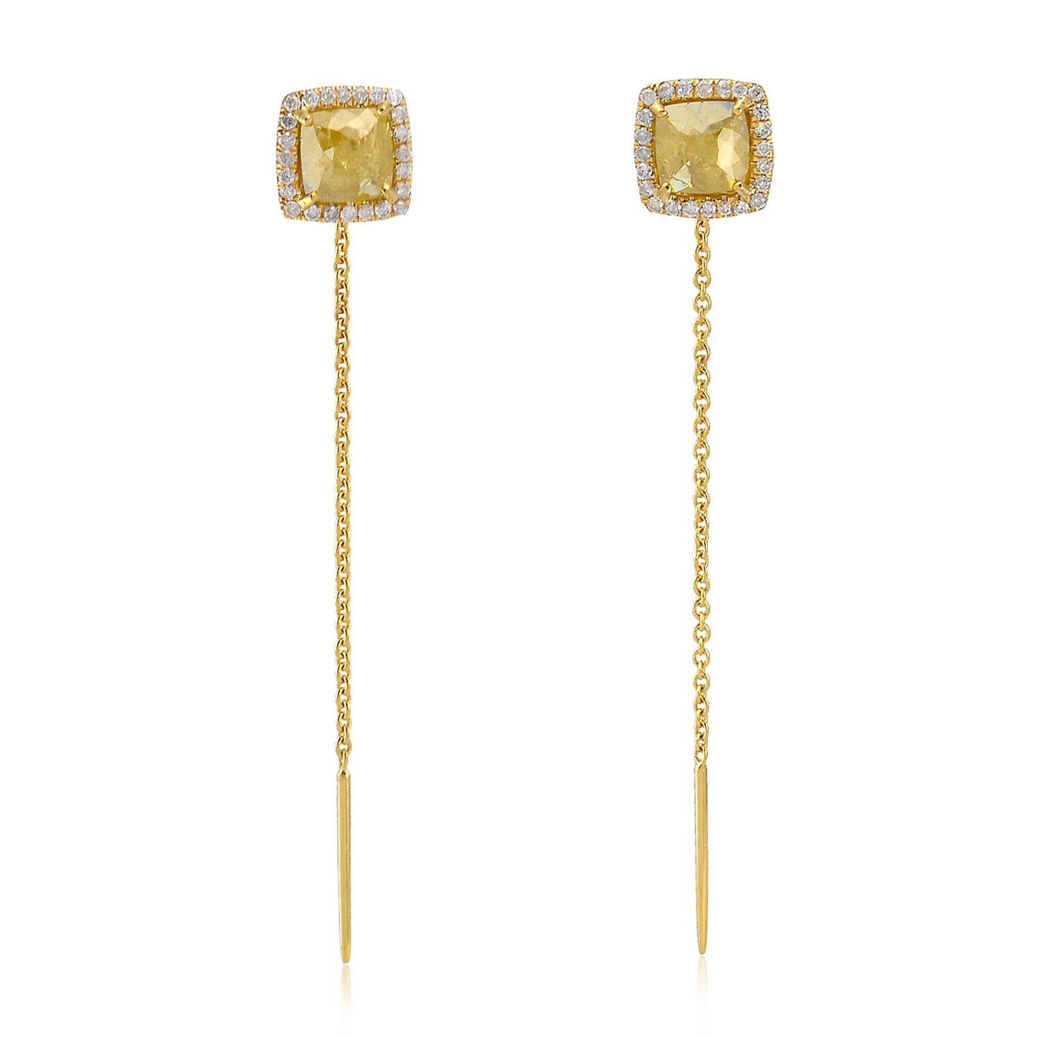 Rose Cut Fancy Slice Diamond 18 Karat Gold Chain Stud Earrings For Sale
