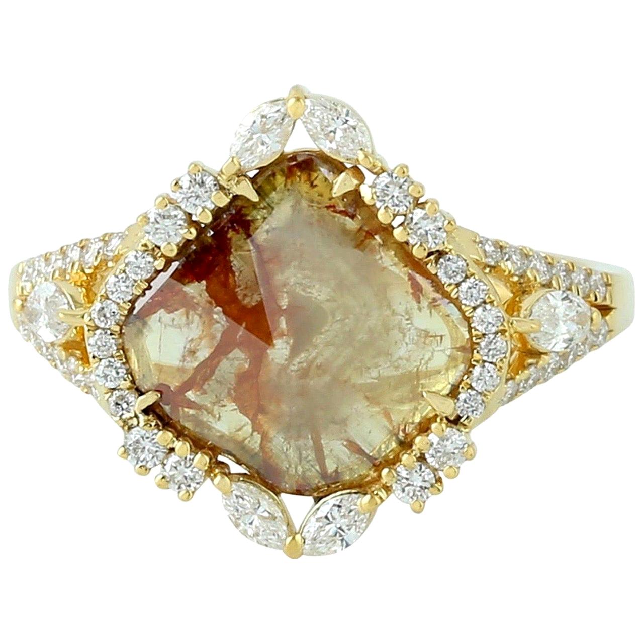 Bague de fiançailles en or 18 carats avec diamants taille tranche fantaisie