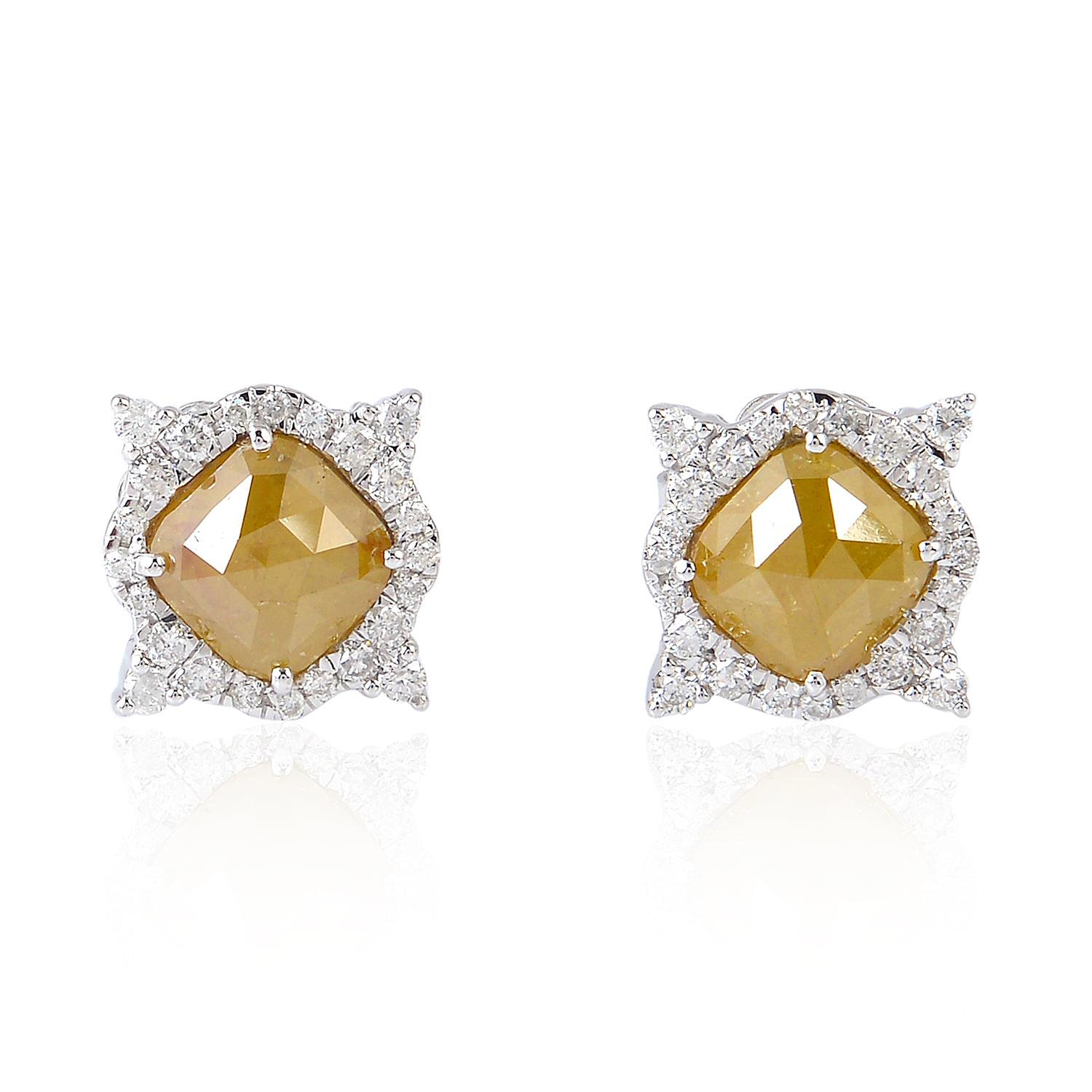 Uncut Fancy Slice Diamond 18 Karat Gold Stud Earrings For Sale