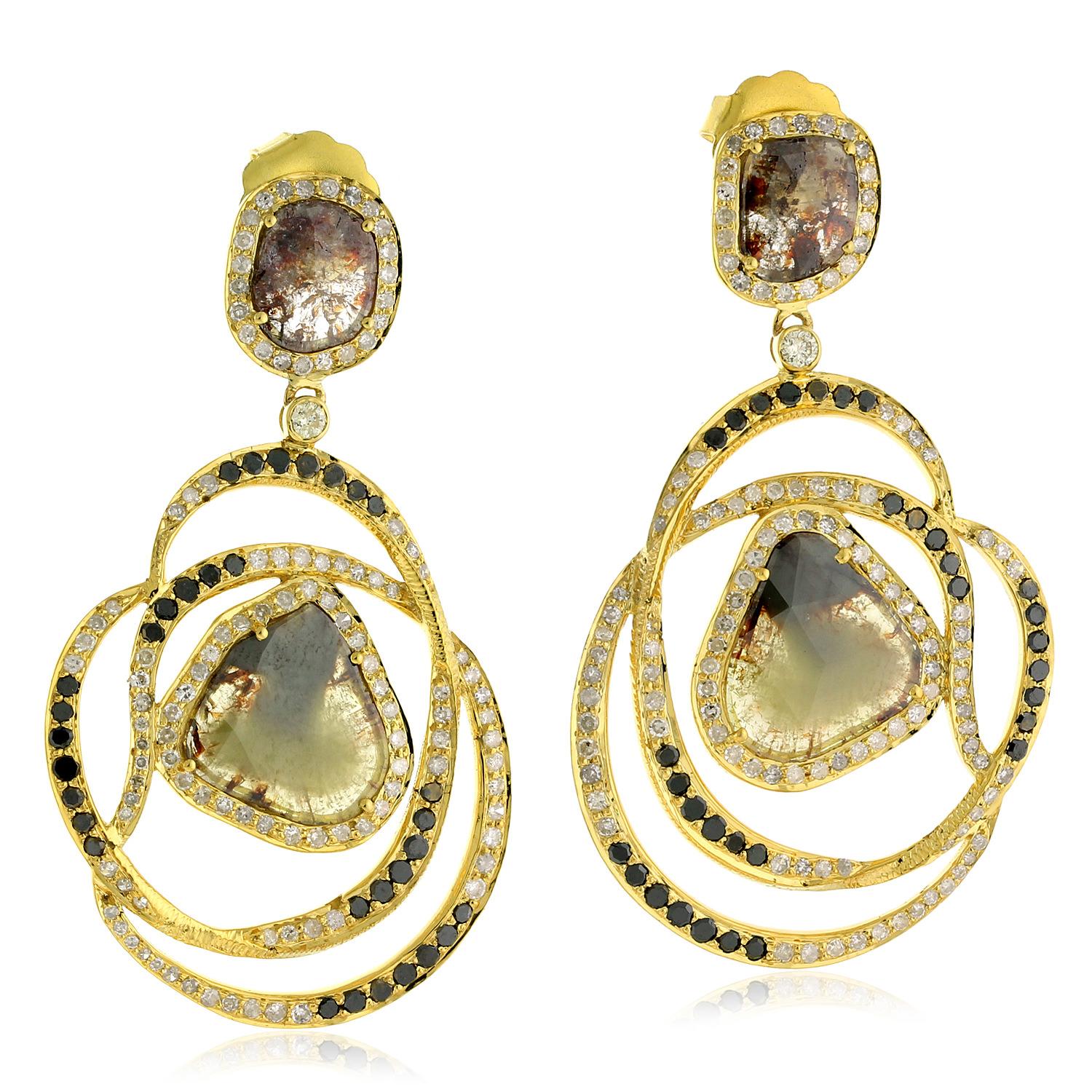 Uncut Fancy Slice Diamond 18 Karat Gold Swirl Earrings For Sale