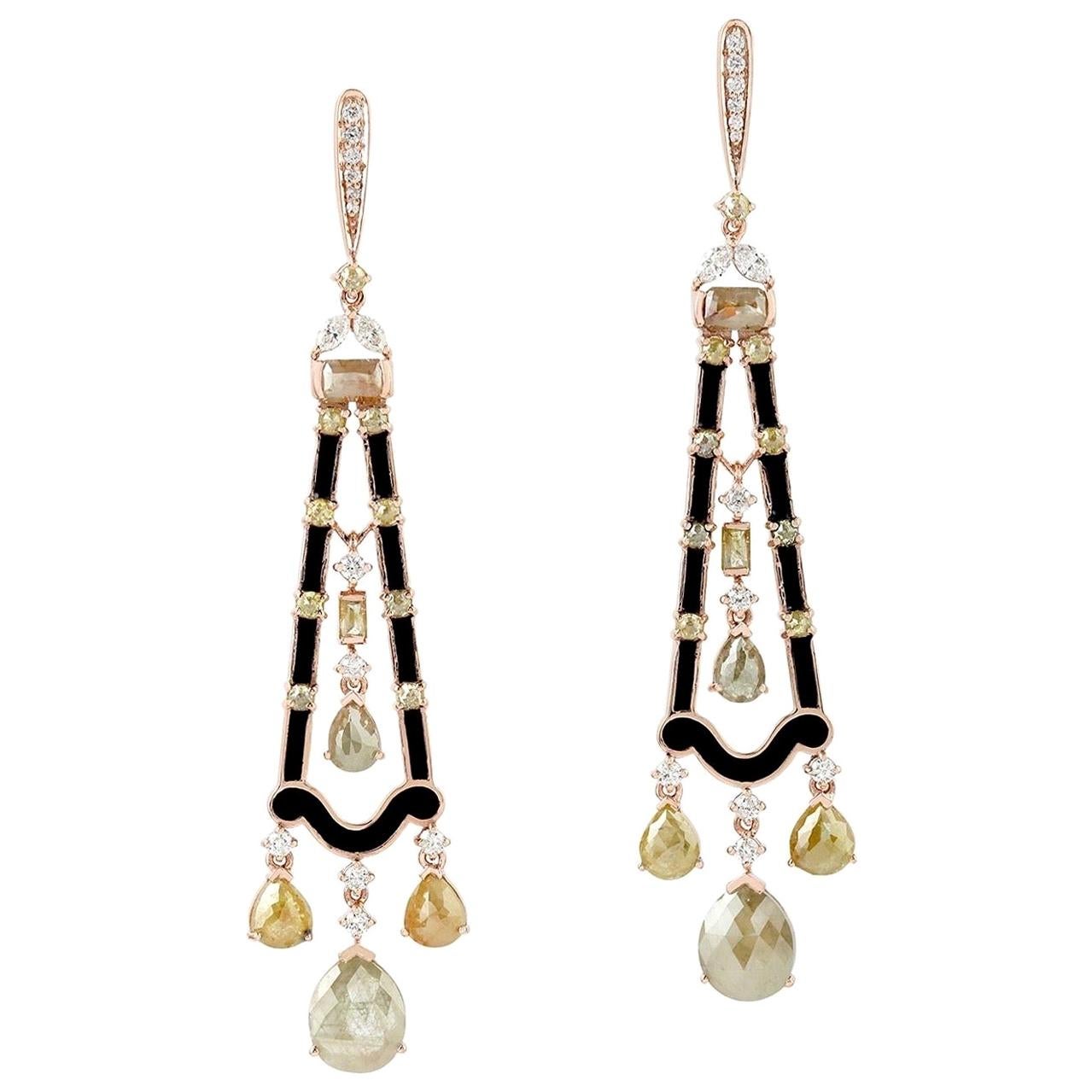 Boucles d'oreilles en or 18 carats avec diamants en tranches fantaisie de style Art déco en vente