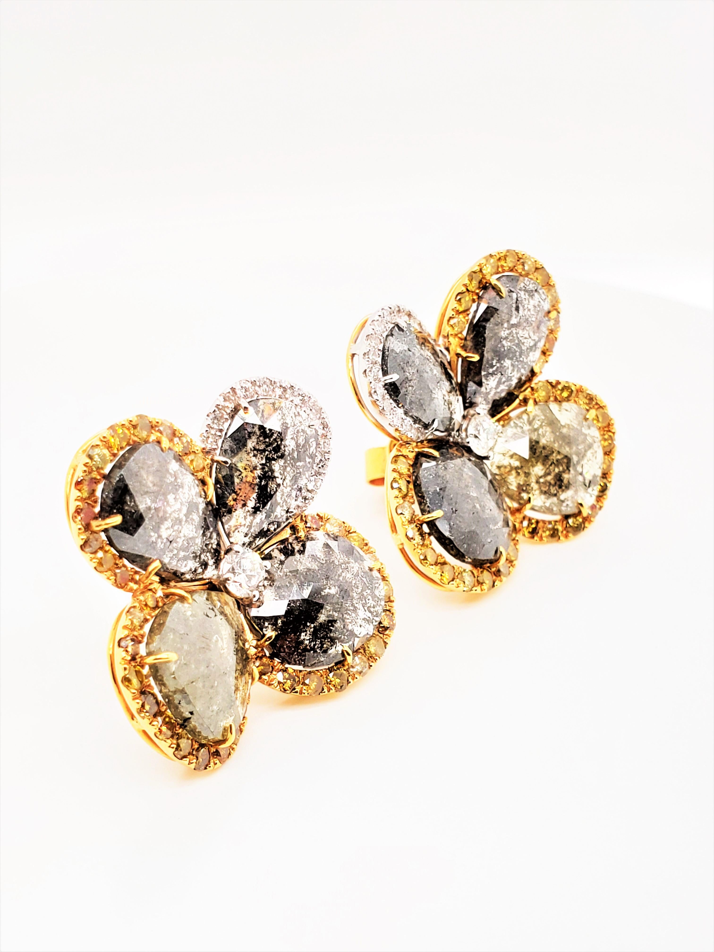Fancy Sliced Natural Diamonds and Yellow Diamond Gold Earrings For Sale