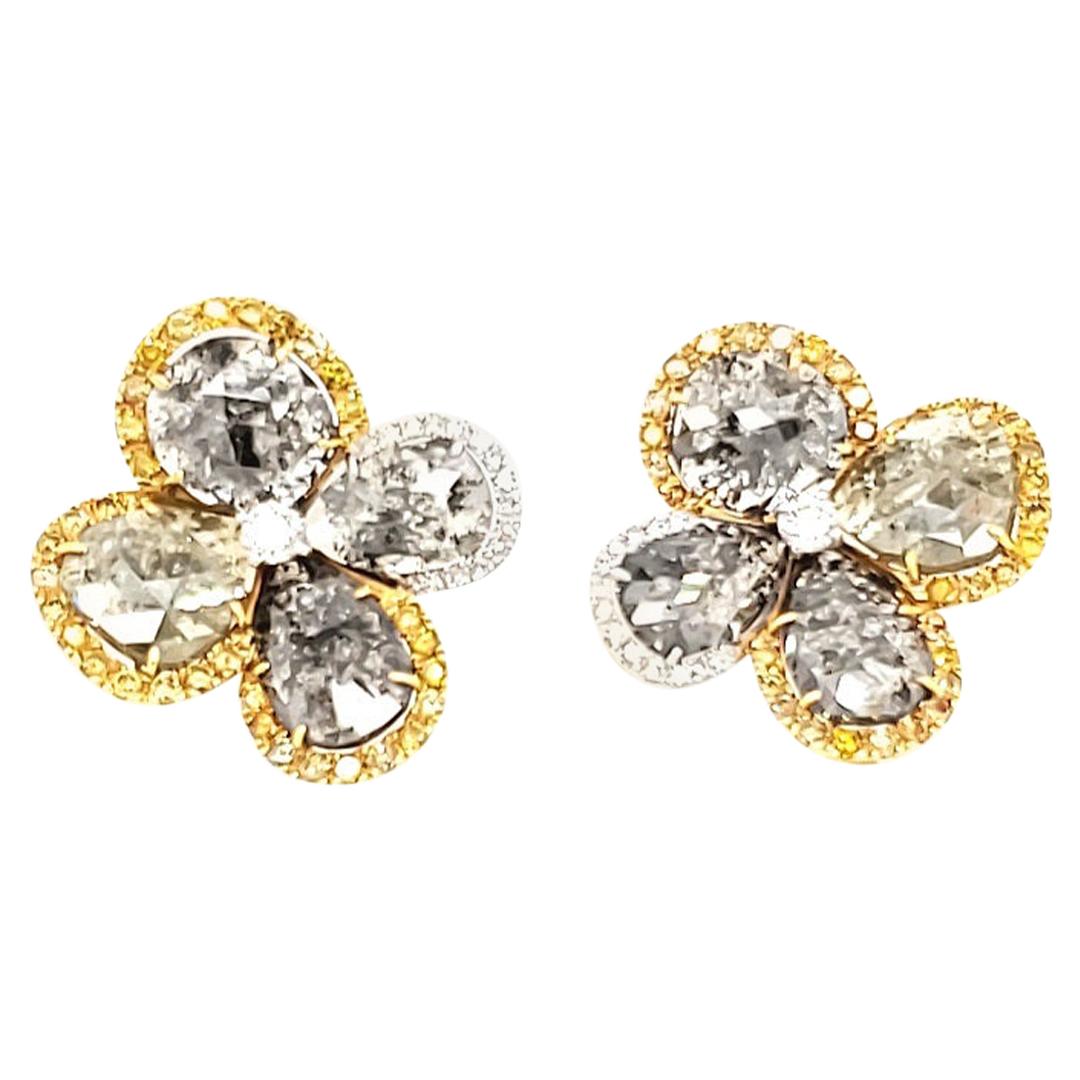 Fancy Sliced Natural Diamonds and Yellow Diamond Gold Earrings
