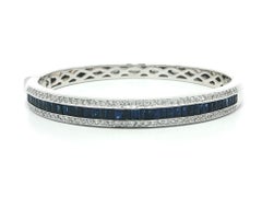 Fancy Solid White Gold 5.5ctw French Cut Sapphire & Diamond Open Bangle Bracelet