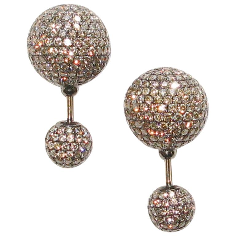 Fancy Sparkly Brown Diamond Tribal Ball Earring in Gold For Sale
